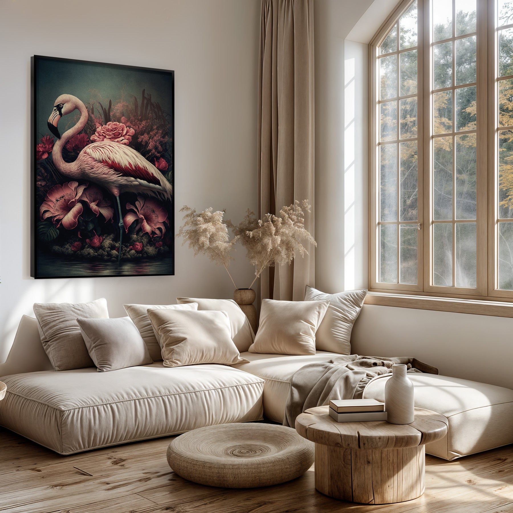 Artframe Flamingo 3 boven een lichte bank in een woonkamer.