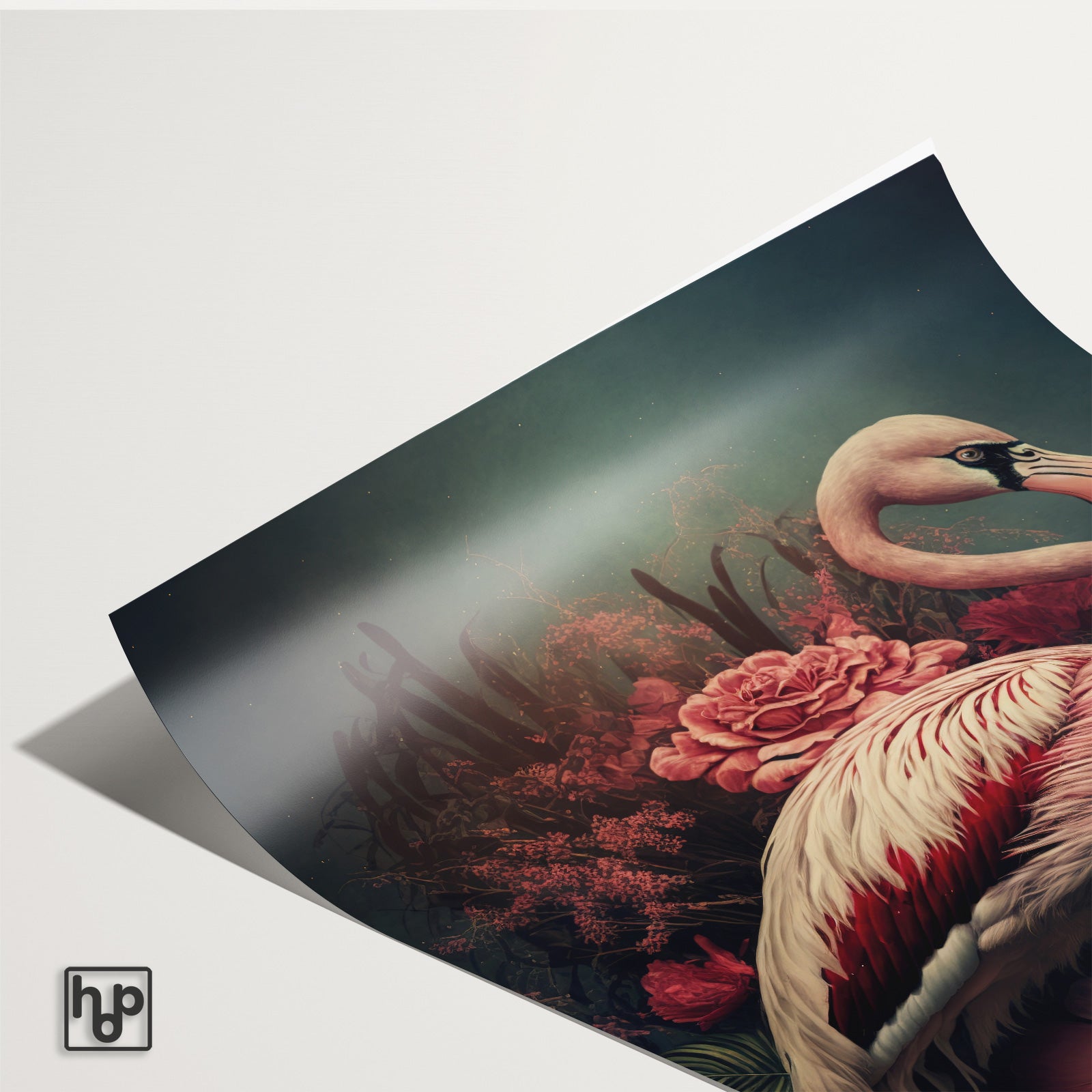 Detail van papieren poster Flamingo 3 met een licht omkrullende hoek.