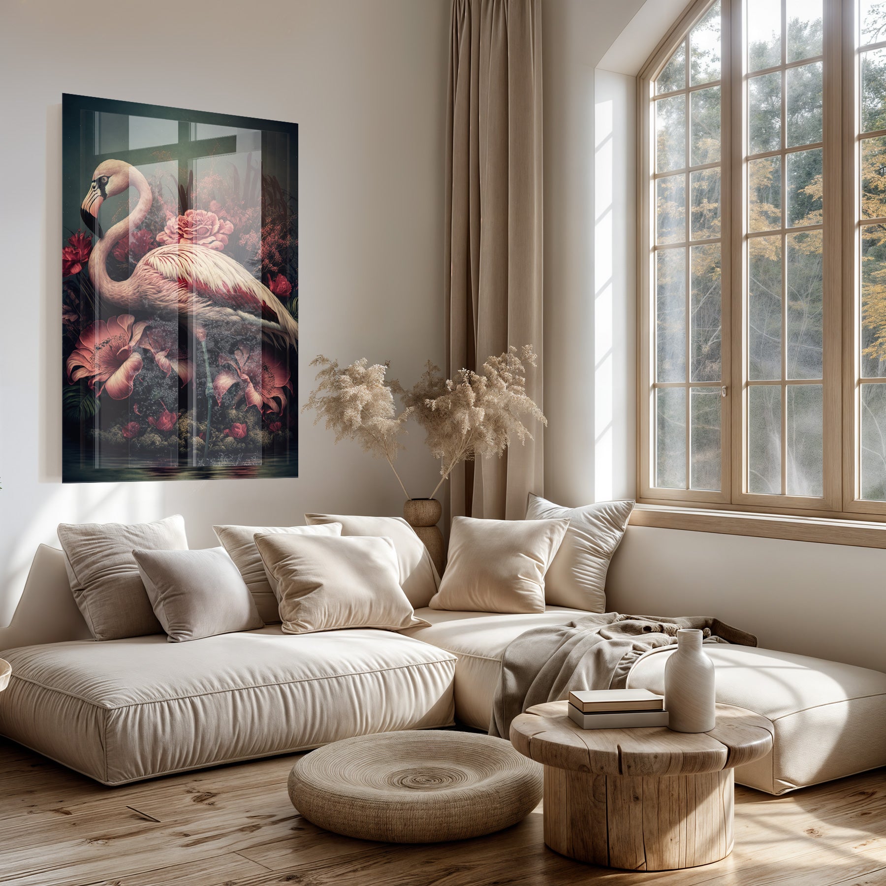 Plexiglas schilderij Flamingo 3 boven een lichte bank in een woonkamer.
