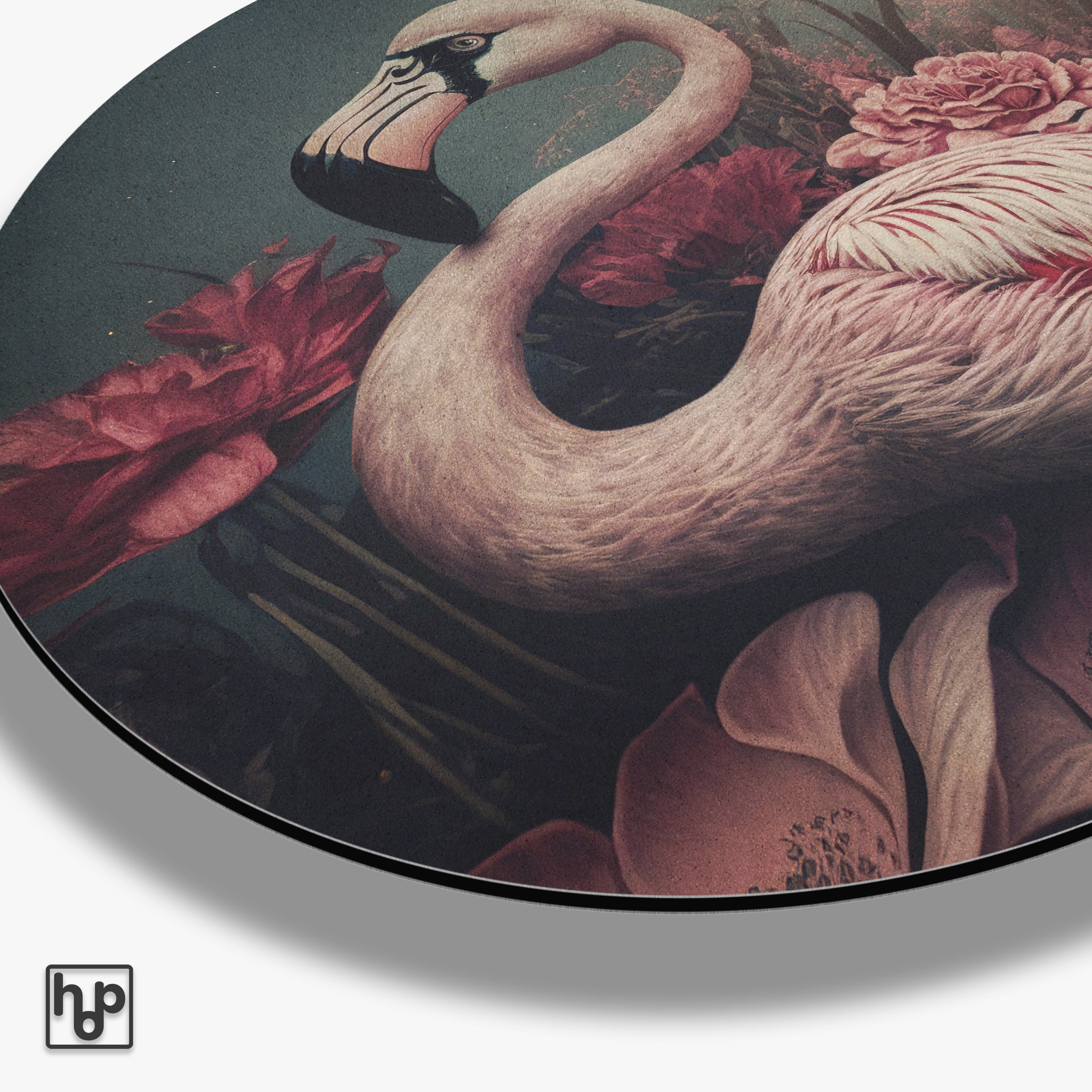 Detail van aluminium muurcirkel Flamingo 3 met de ronde paneelrand en matte afwerking.