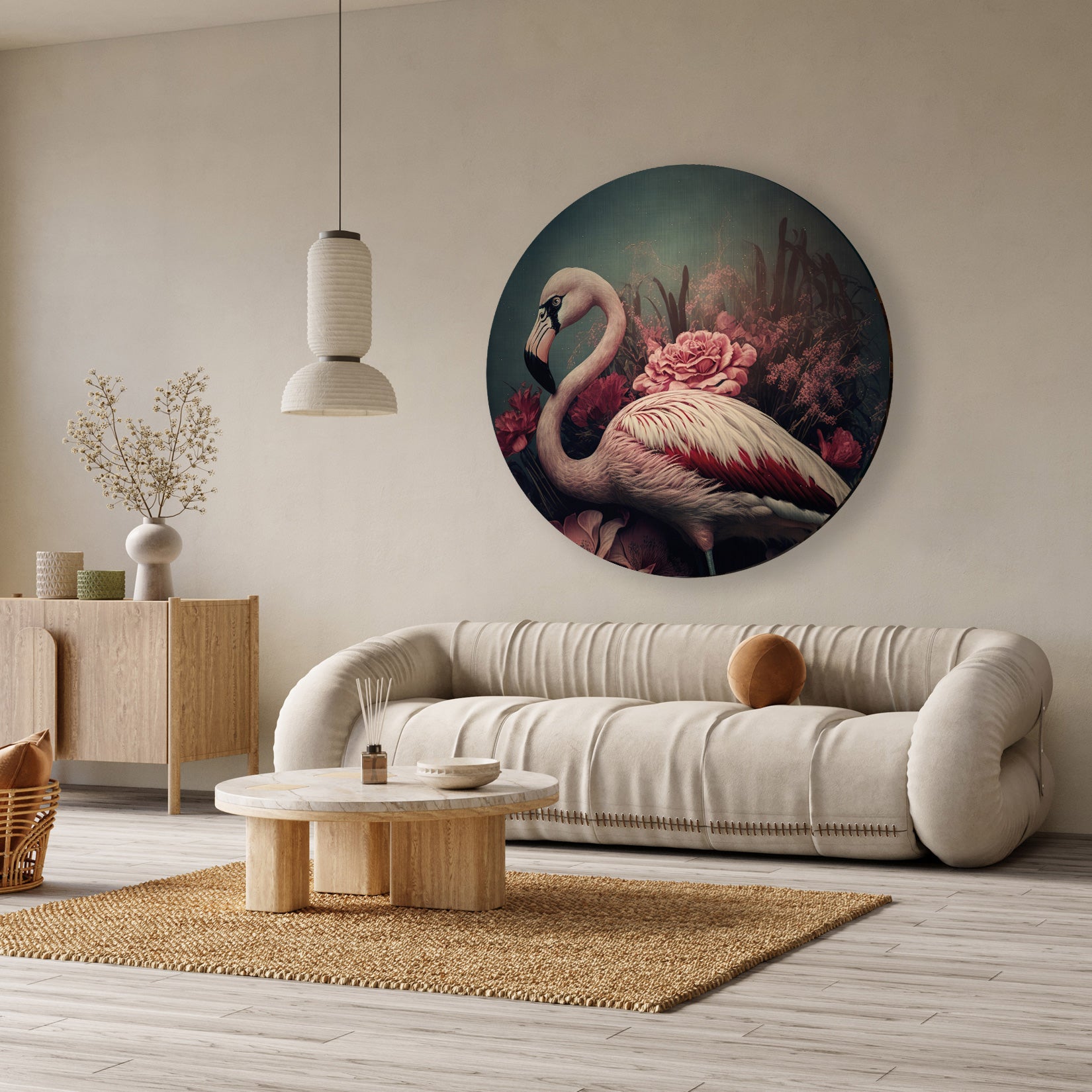 Aluminium muurcirkel Flamingo 3 boven een beige bank in een lichte woonkamer.