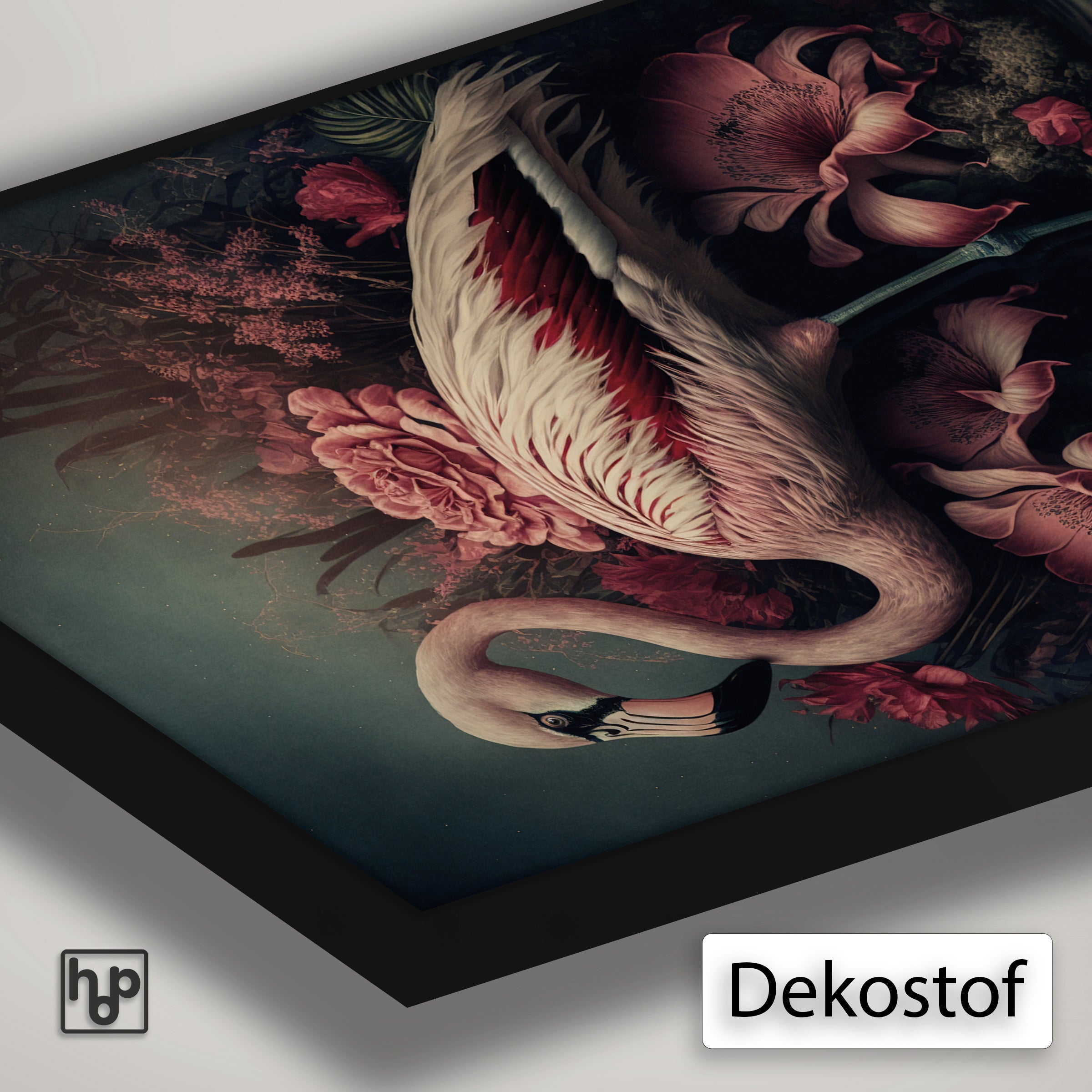Detail van Artframe Flamingo 3 met dekostof en een zwart aluminium frame.