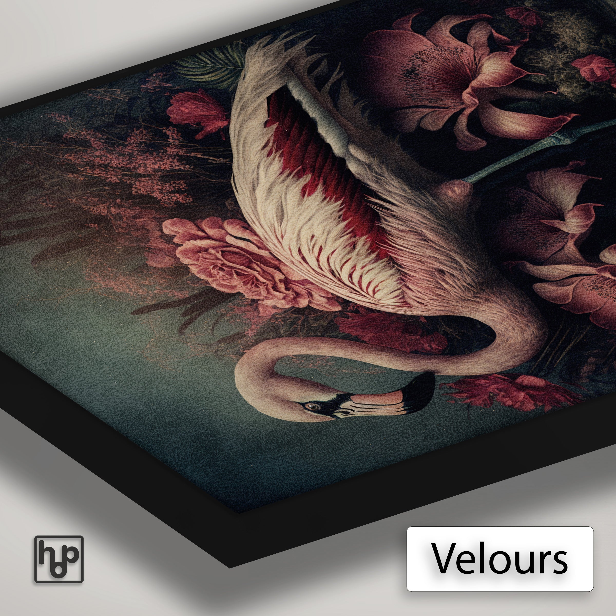 Detail van Artframe Flamingo 3 met velours doek en een zwart aluminium frame.