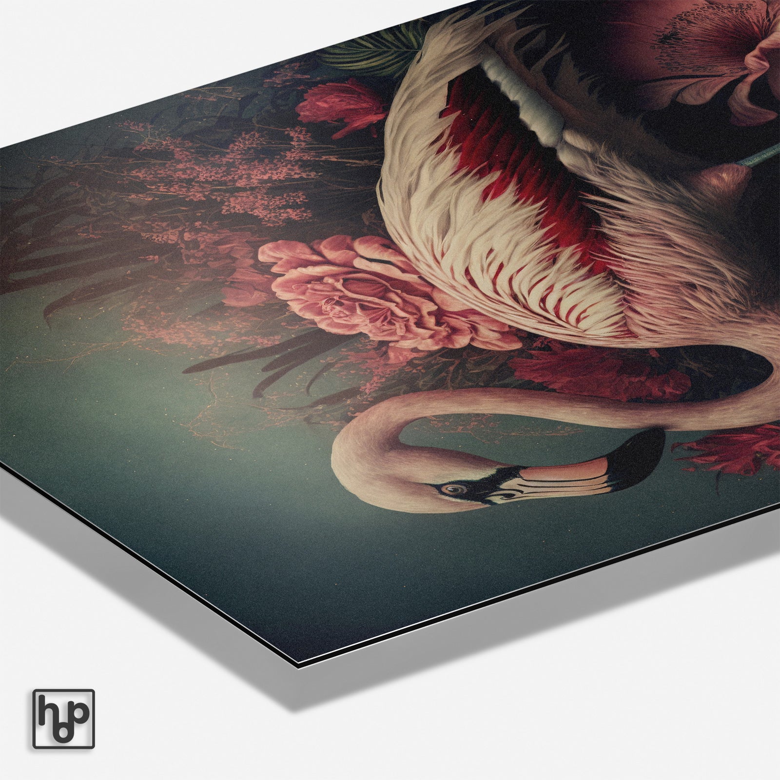 Detail van aluminium Dibond schilderij Flamingo 3 met matte afwerking en zichtbare paneelrand.