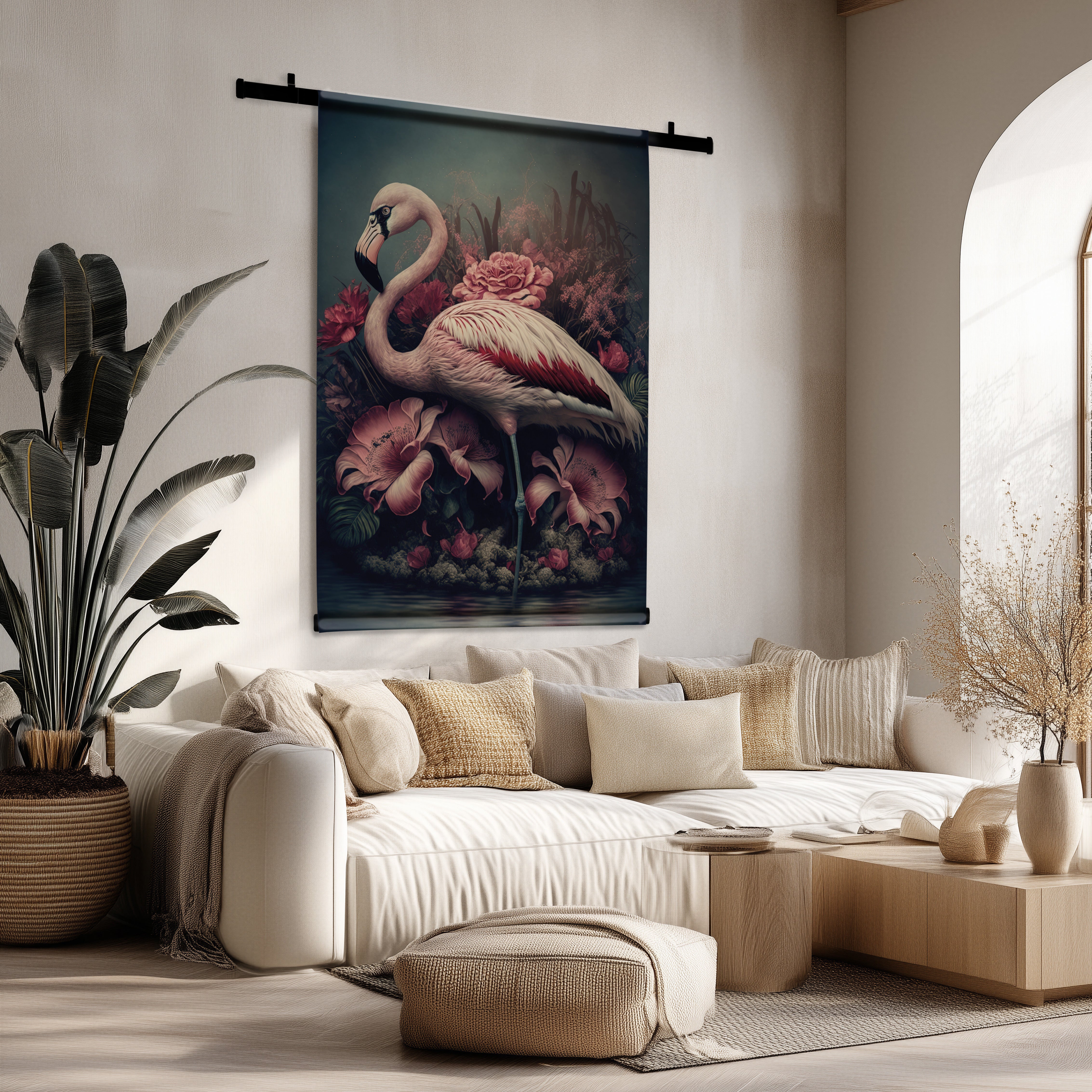 Stijlvol wandkleed met roze flamingo en bloemen, hangend boven een lichte bank in een modern interieur.