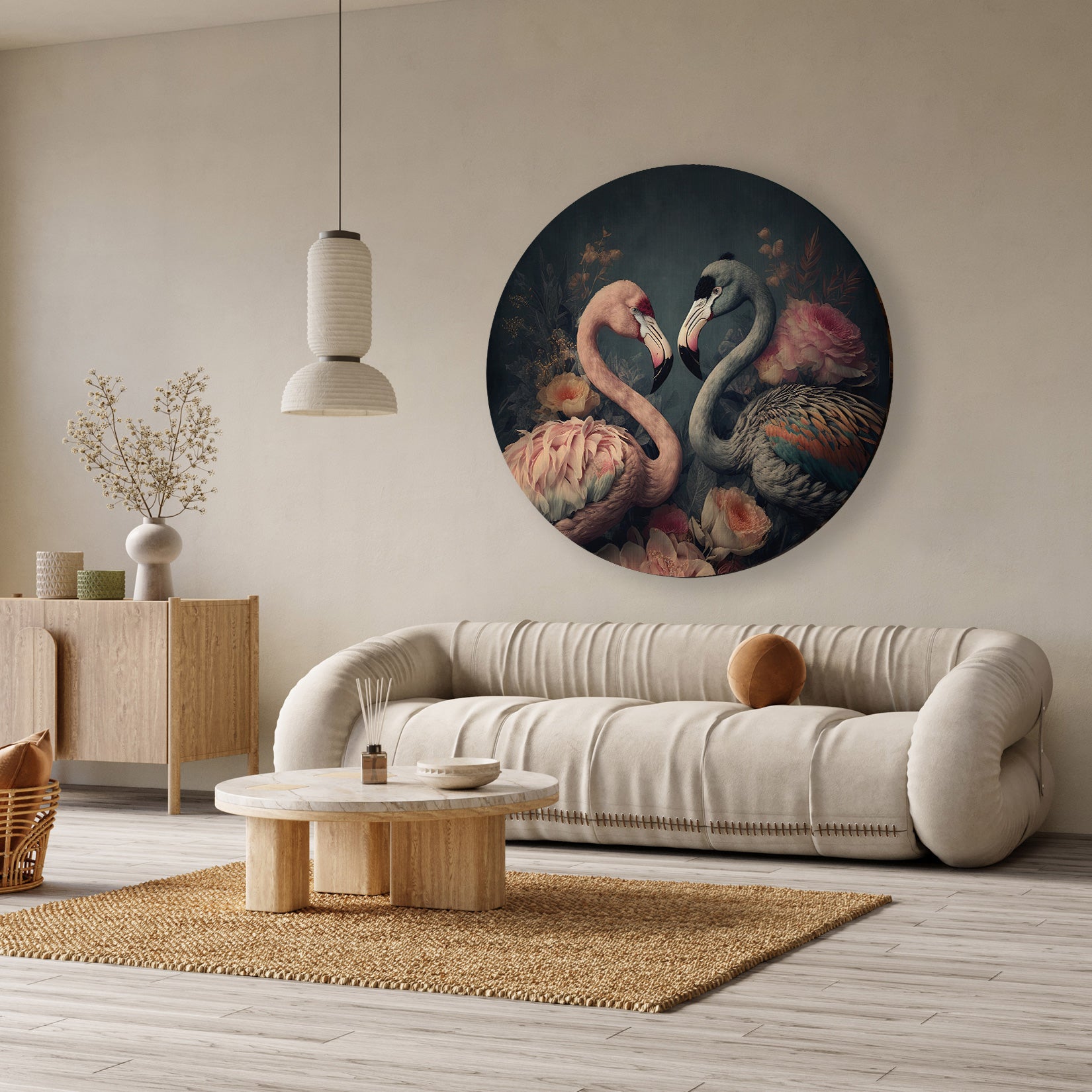 Ronde akoestische wanddecoratie met twee flamingo's in pastelkleuren en bloemmotieven boven een beige bank.