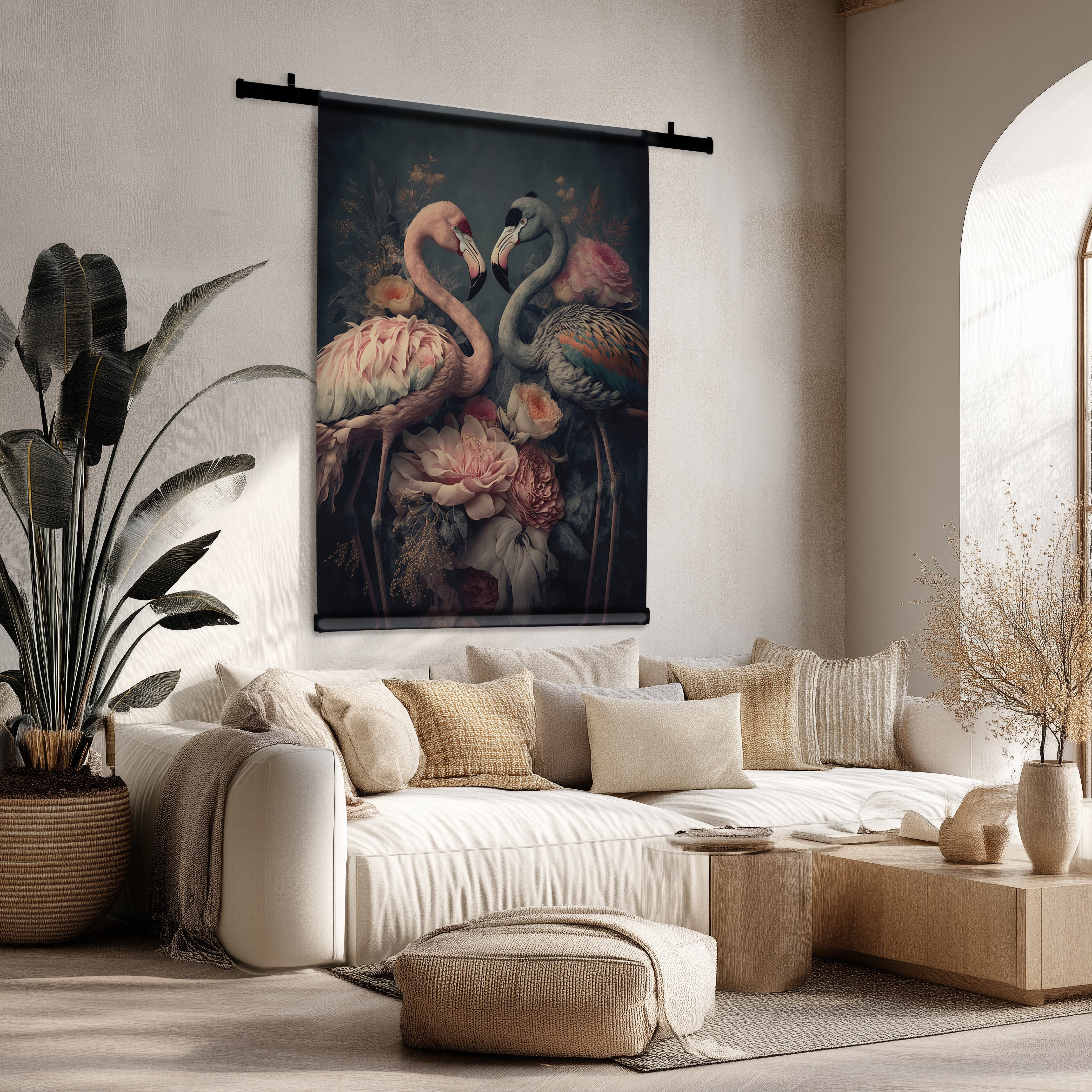 Wandkleed met twee roze flamingo's en bloemen op een donkere achtergrond, hangend boven een beige bank.