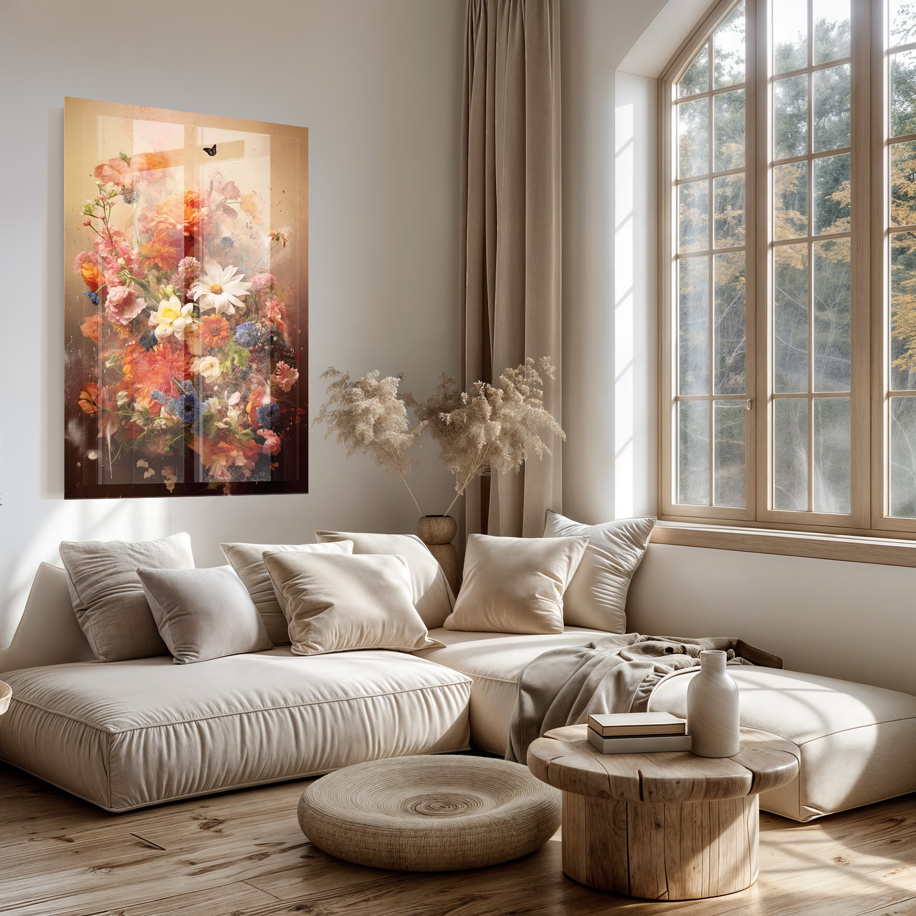 Plexiglas schilderij Bloemen explosie 2 boven een lichte bank in een woonkamer.