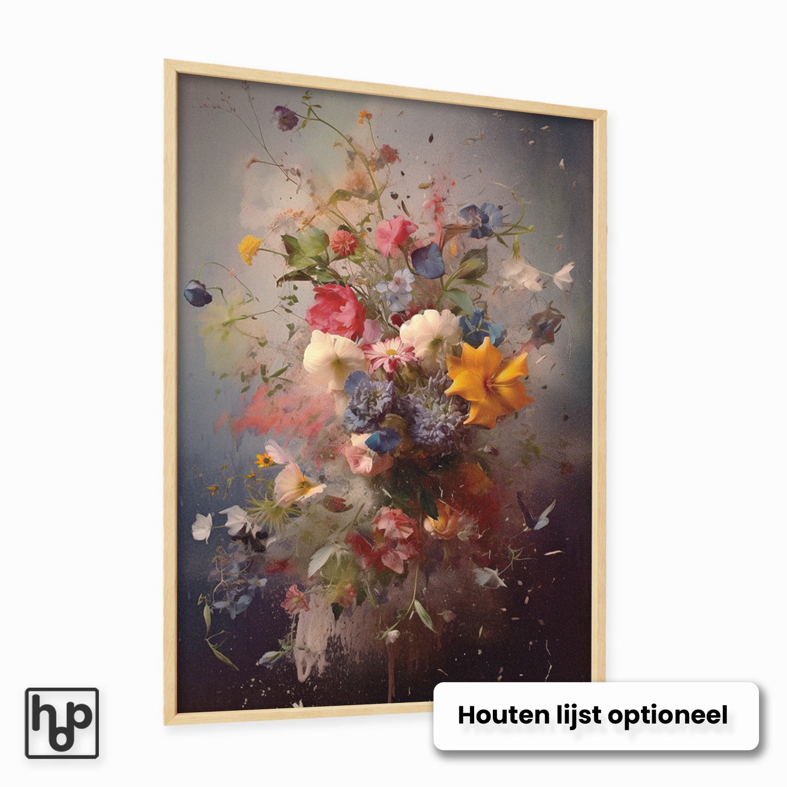 Vintage bloemenexplosie poster met levendige, kleurrijke bloemen in een houten lijst.