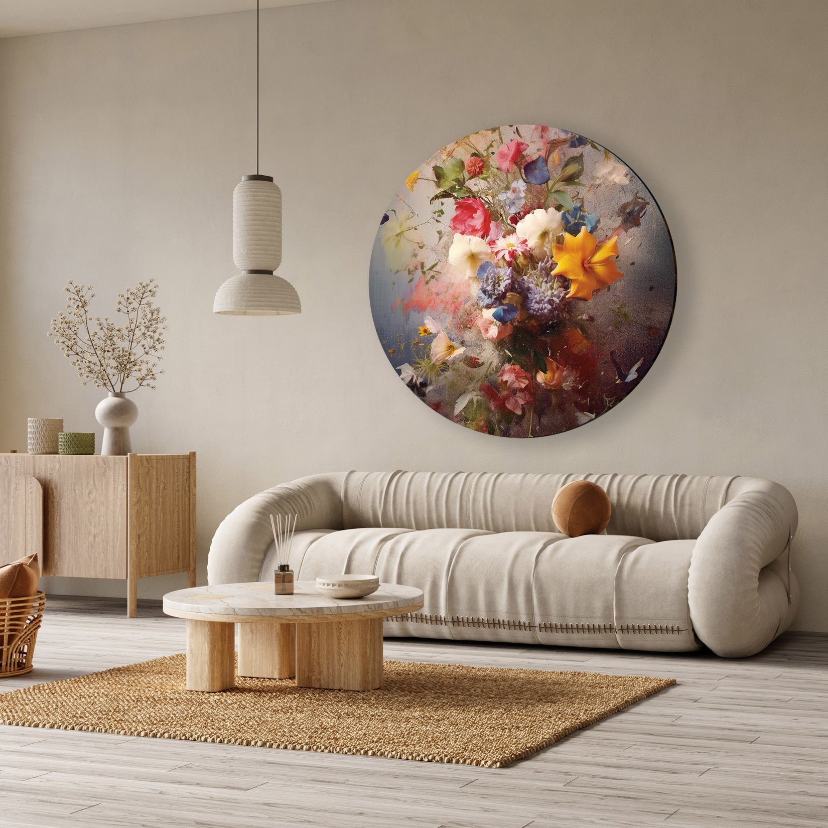 Aluminium muurcirkel Bloemen explosie boven een beige bank in een lichte woonkamer.