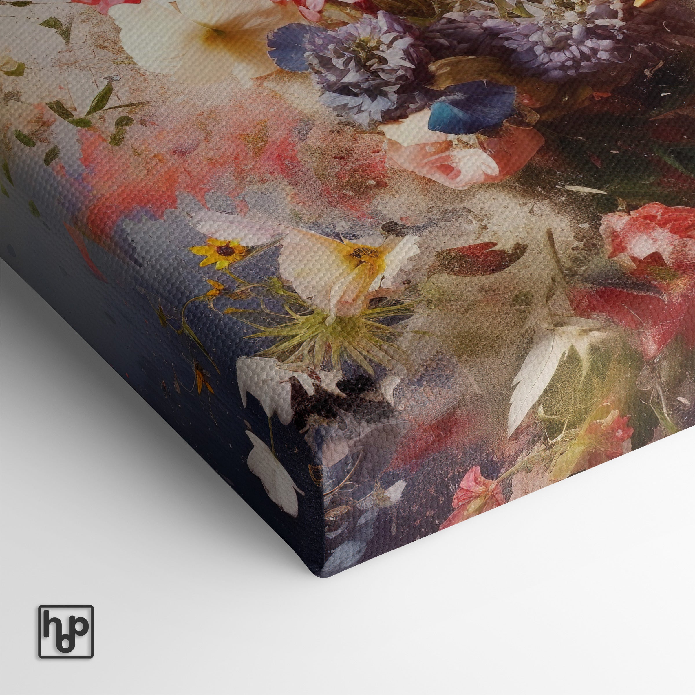 Detail van canvas schilderij Bloemen explosie met doekstructuur en meegeprinte zijkant.