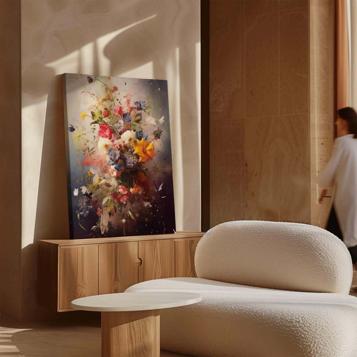 Canvas schilderij Bloemen explosie in een interieur met een houten wand en lichte fauteuil.