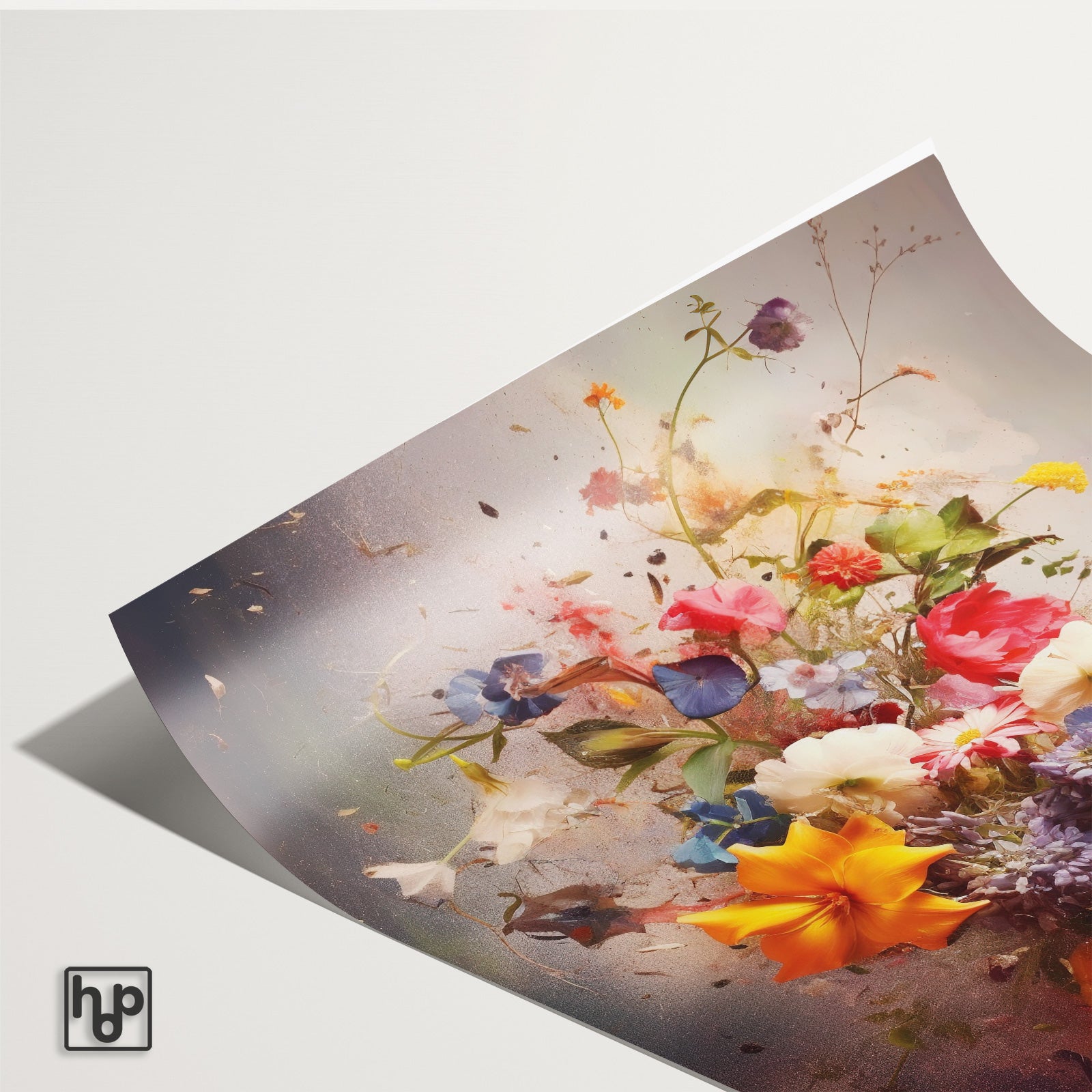 Detail van papieren poster Bloemen explosie met een licht omkrullende hoek.