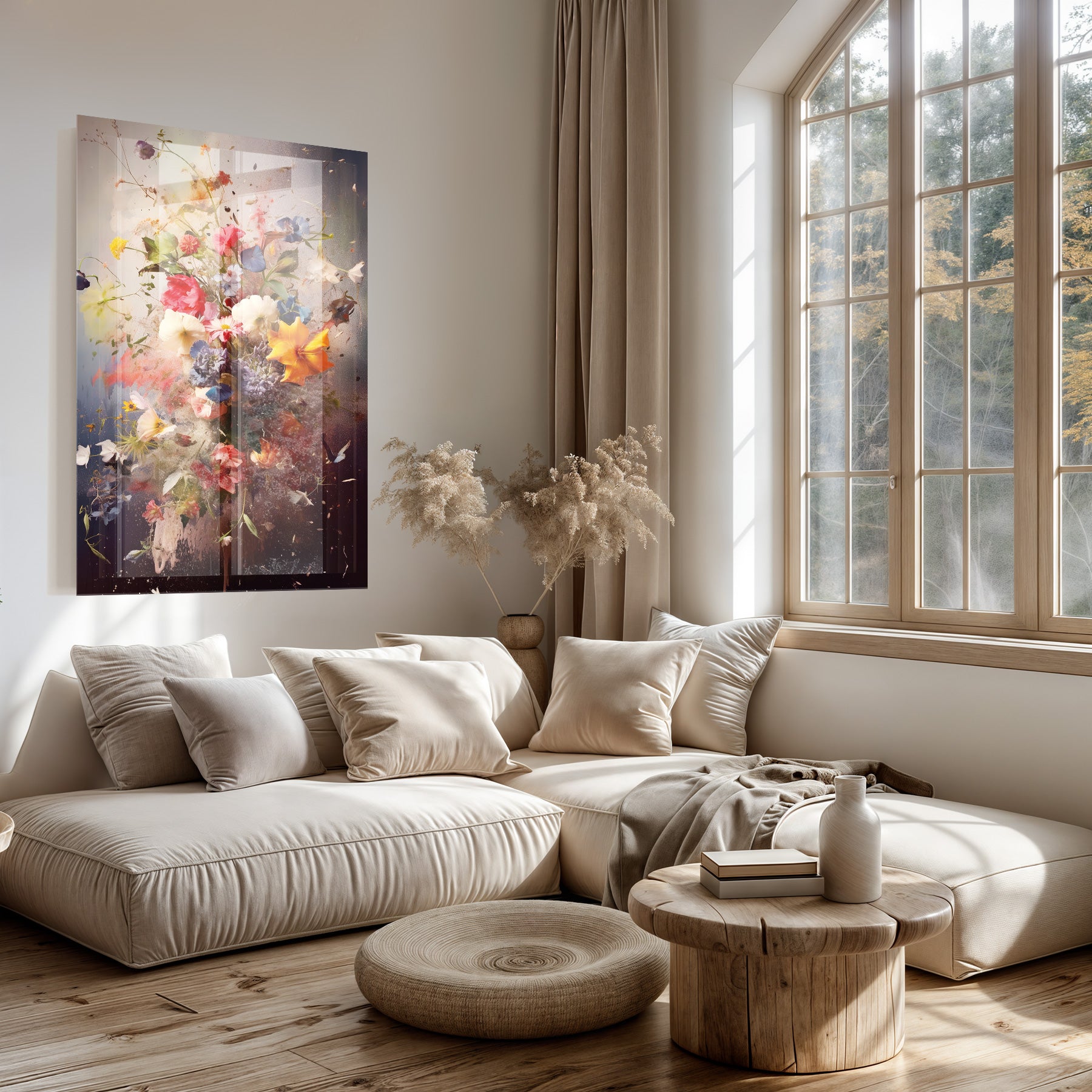 Plexiglas schilderij Bloemen explosie boven een lichte bank in een woonkamer.