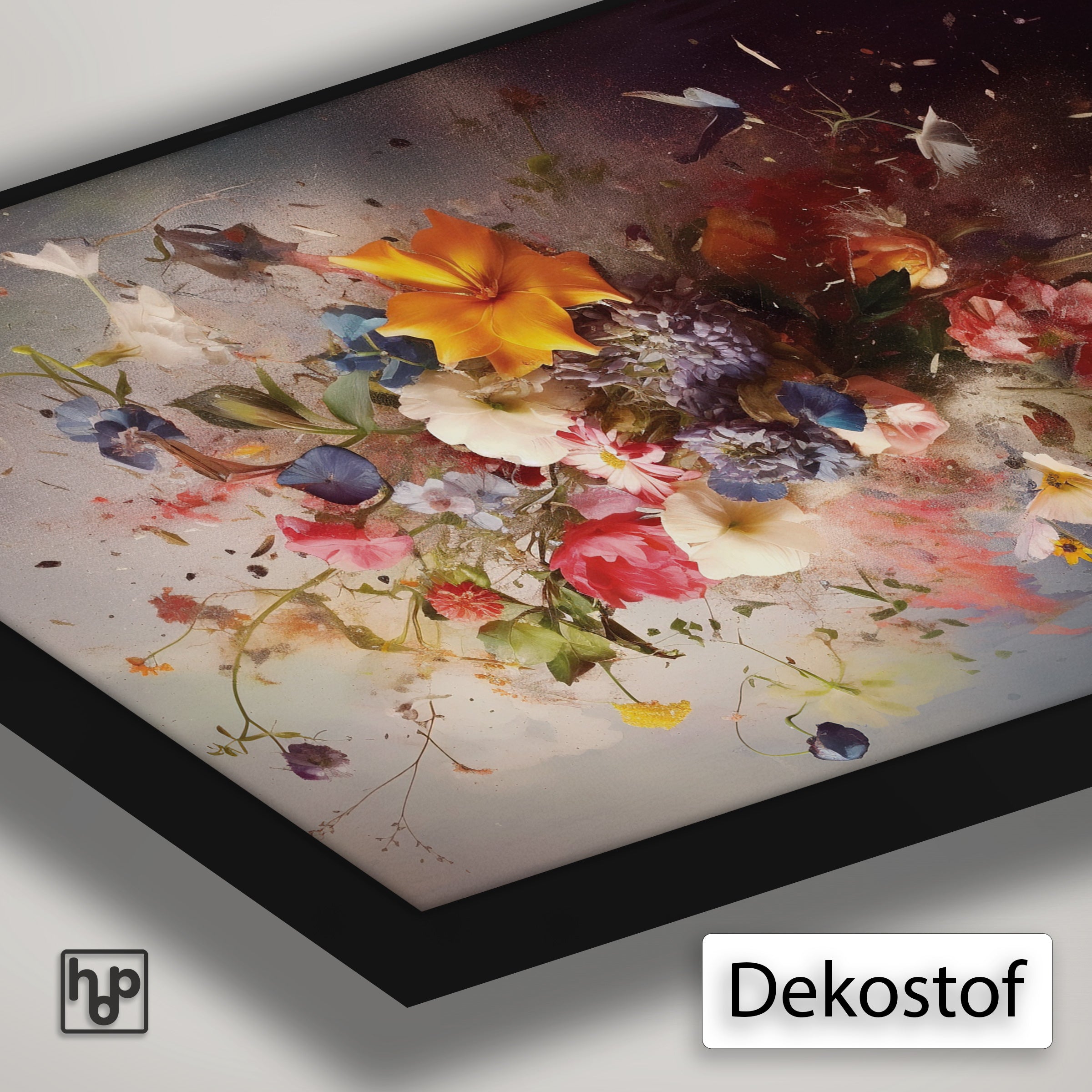Detail van Artframe Bloemen explosie met dekostof en een zwart aluminium frame.