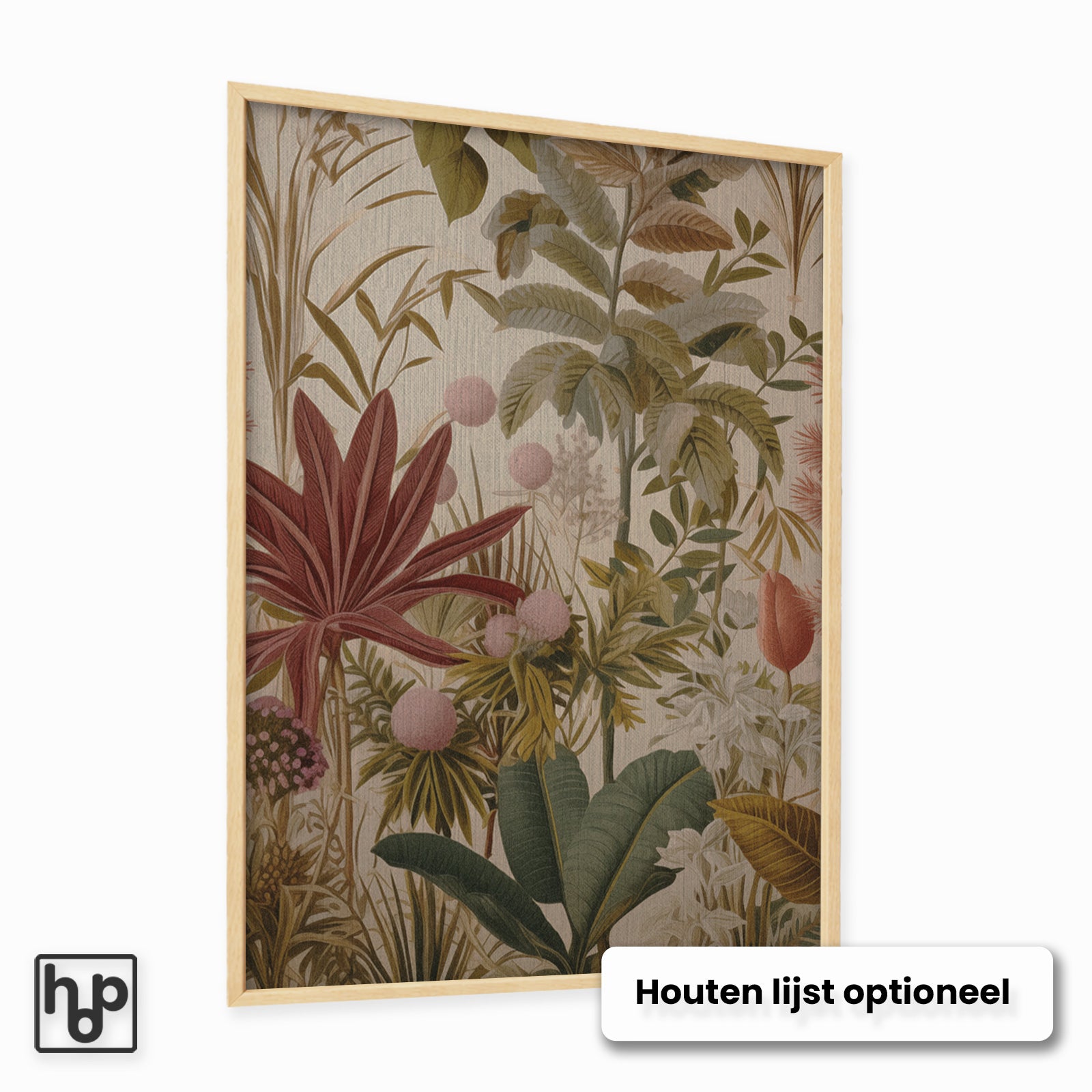 Vintage bloemen en vlinders poster in staand formaat met houten lijst, rustige natuurlijke uitstraling.