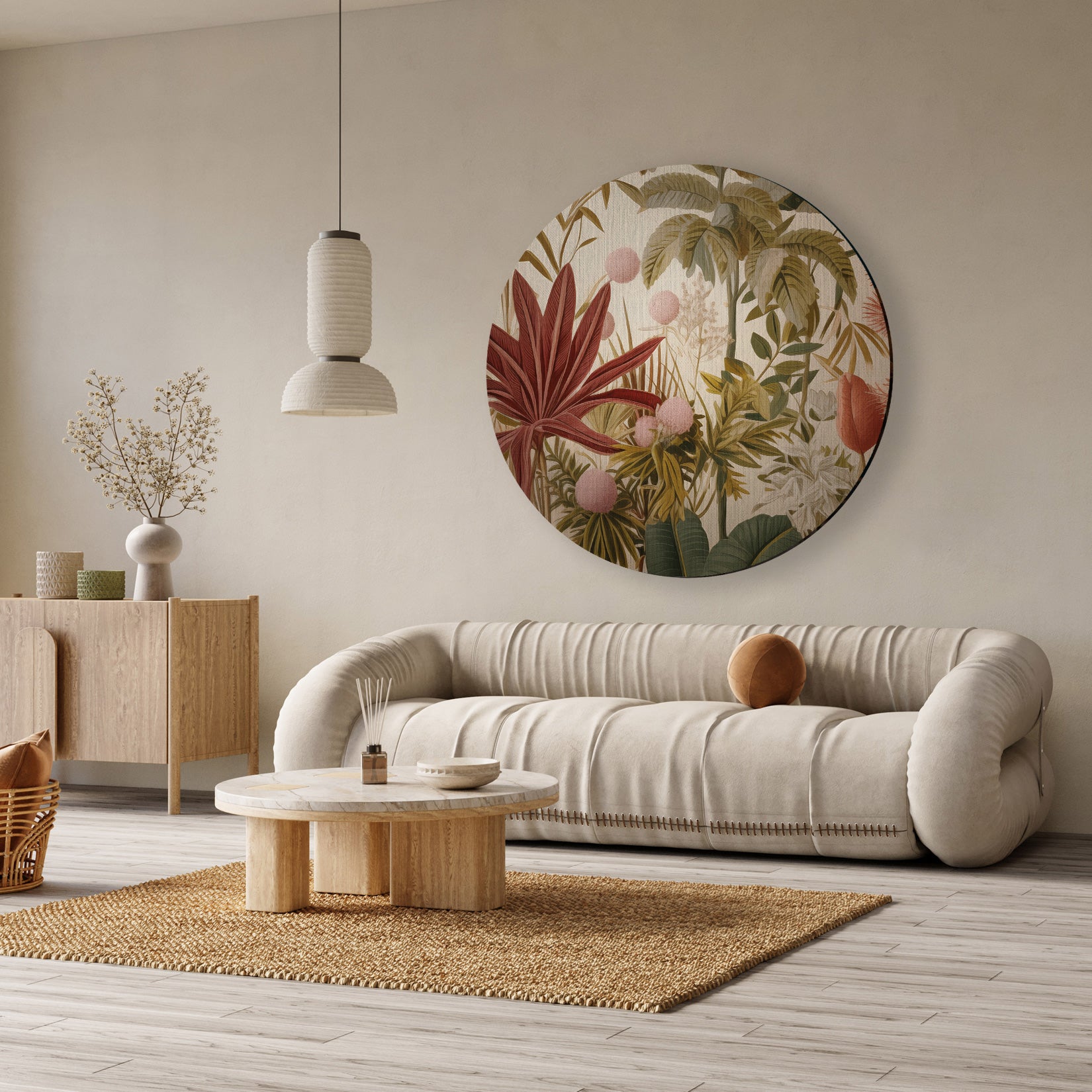 Ronde aluminium dibond muurcirkel met bloemen en planten in aardse tinten boven een beige bank.