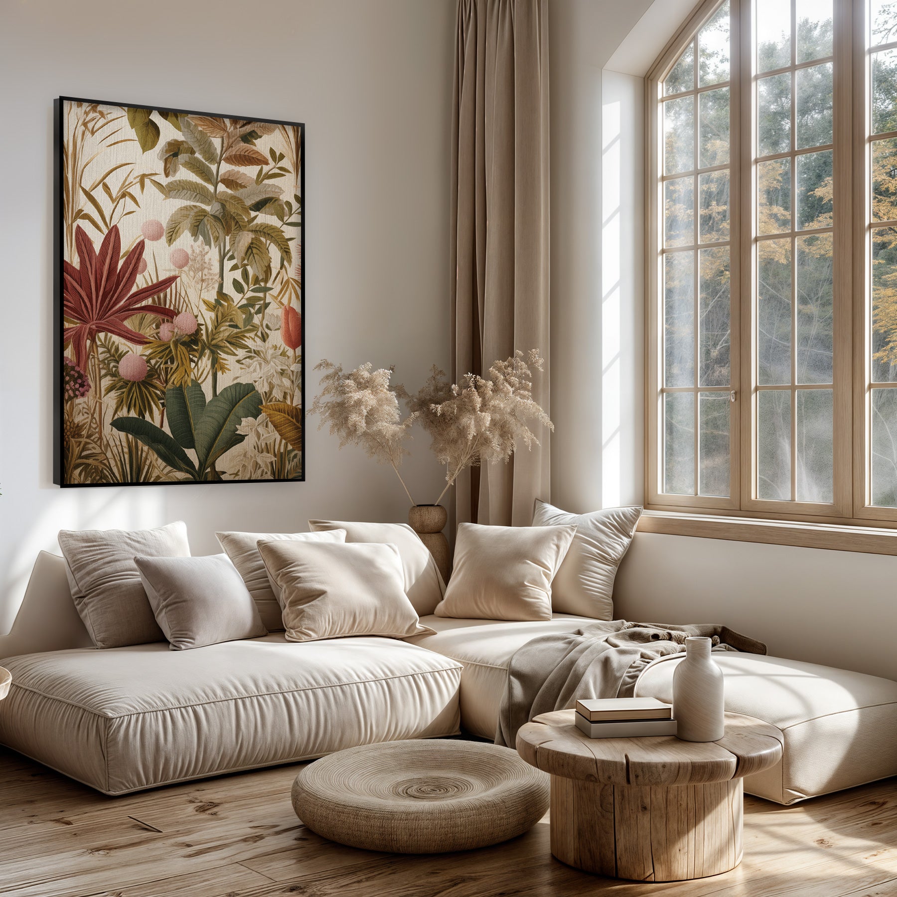 Artframe Bloemen boven een lichte bank in een woonkamer.