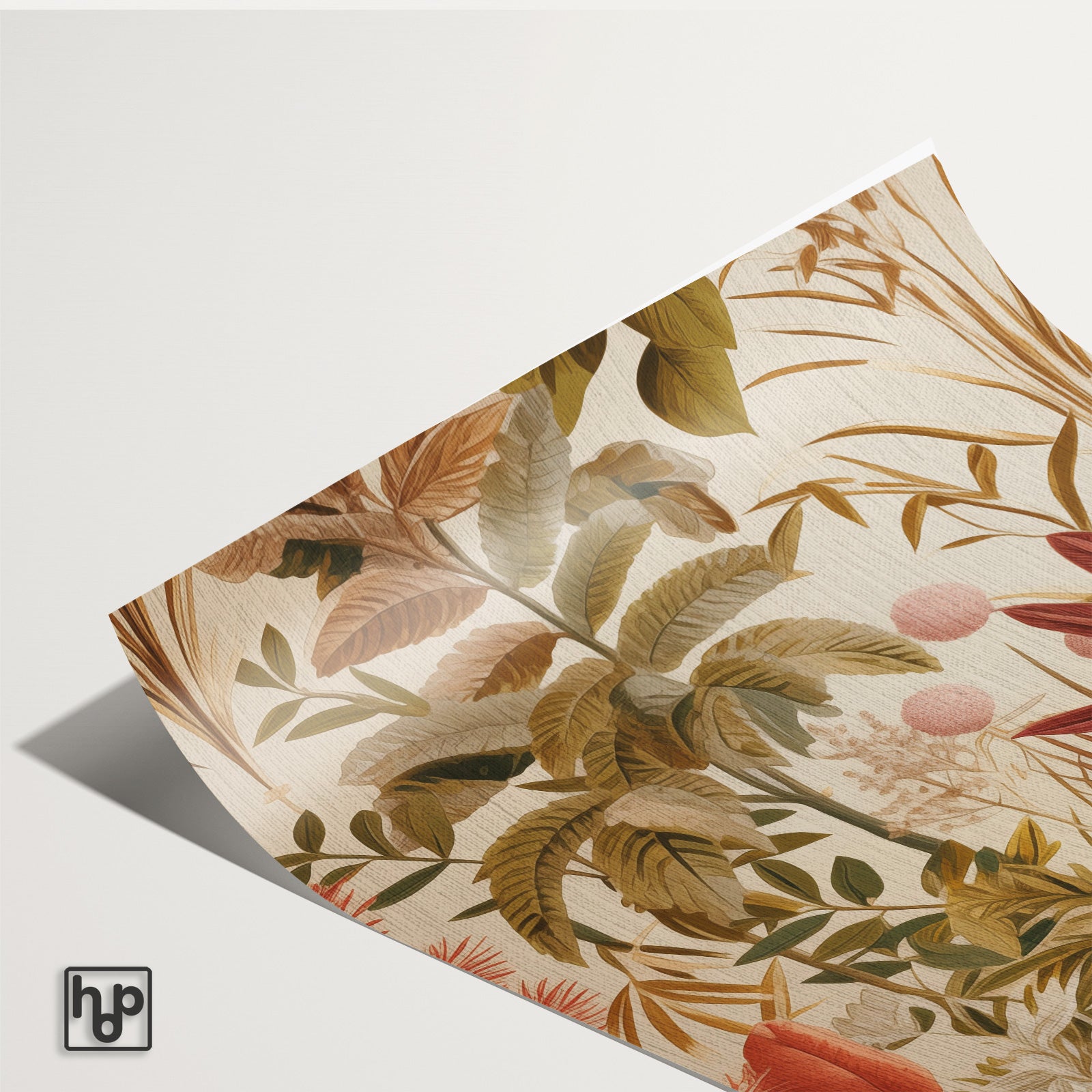 Detail van papieren poster Bloemen met een licht omkrullende hoek.