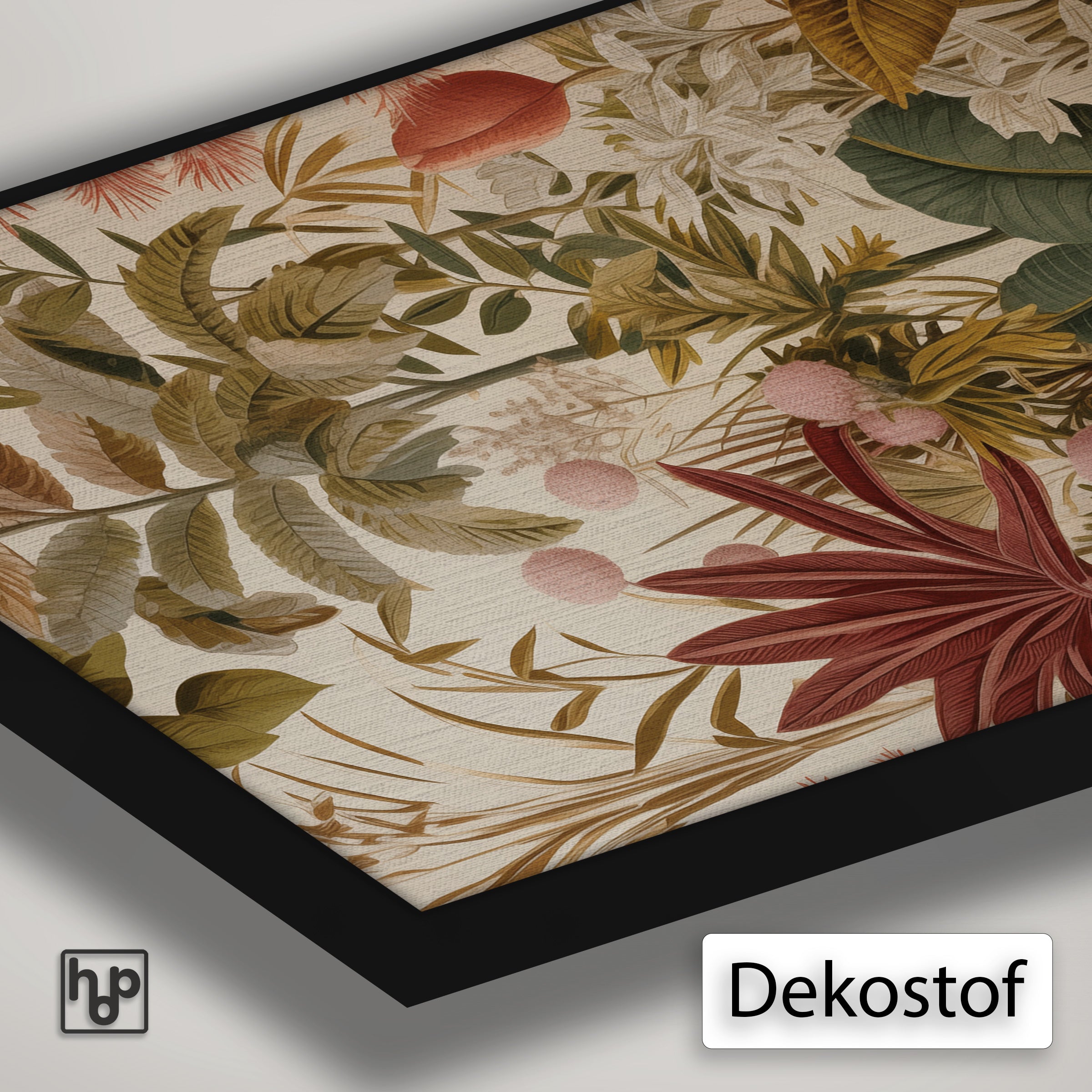 Detail van Artframe Bloemen met dekostof en een zwart aluminium frame.