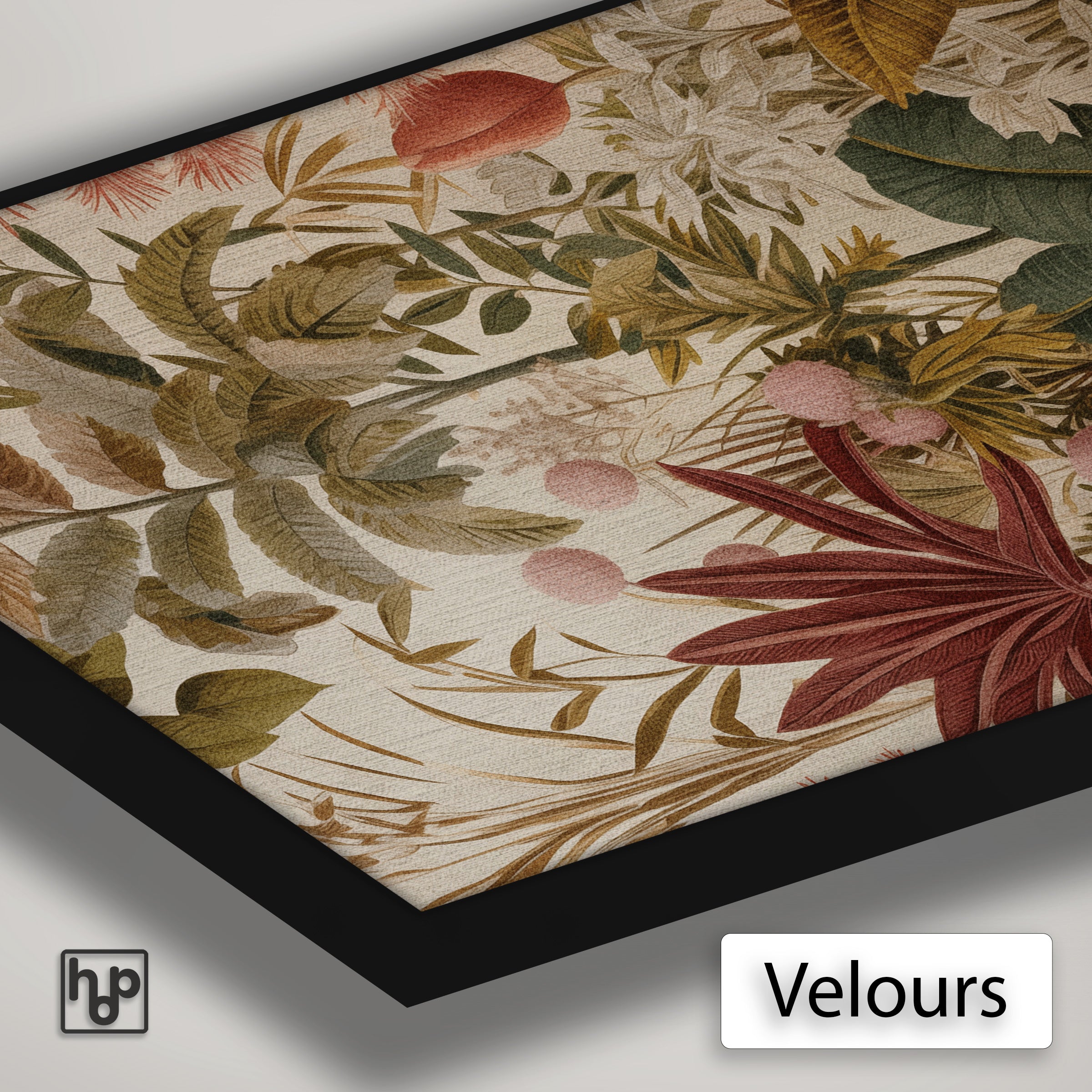 Detail van Artframe Bloemen met velours doek en een zwart aluminium frame.