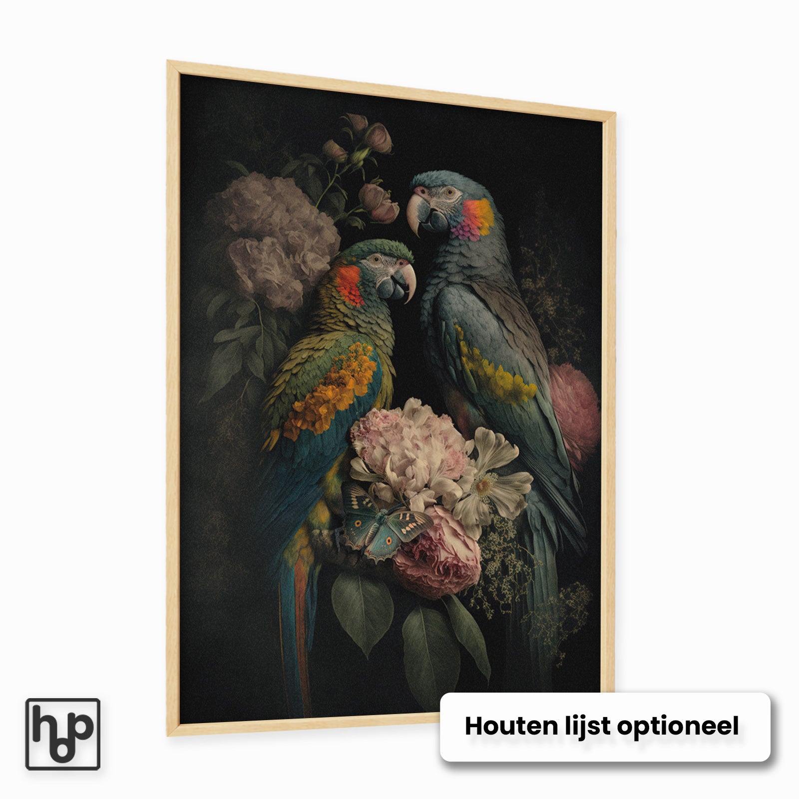 Vintage poster met twee kleurrijke macaw papegaaien en weelderige bloemen in een houten lijst.