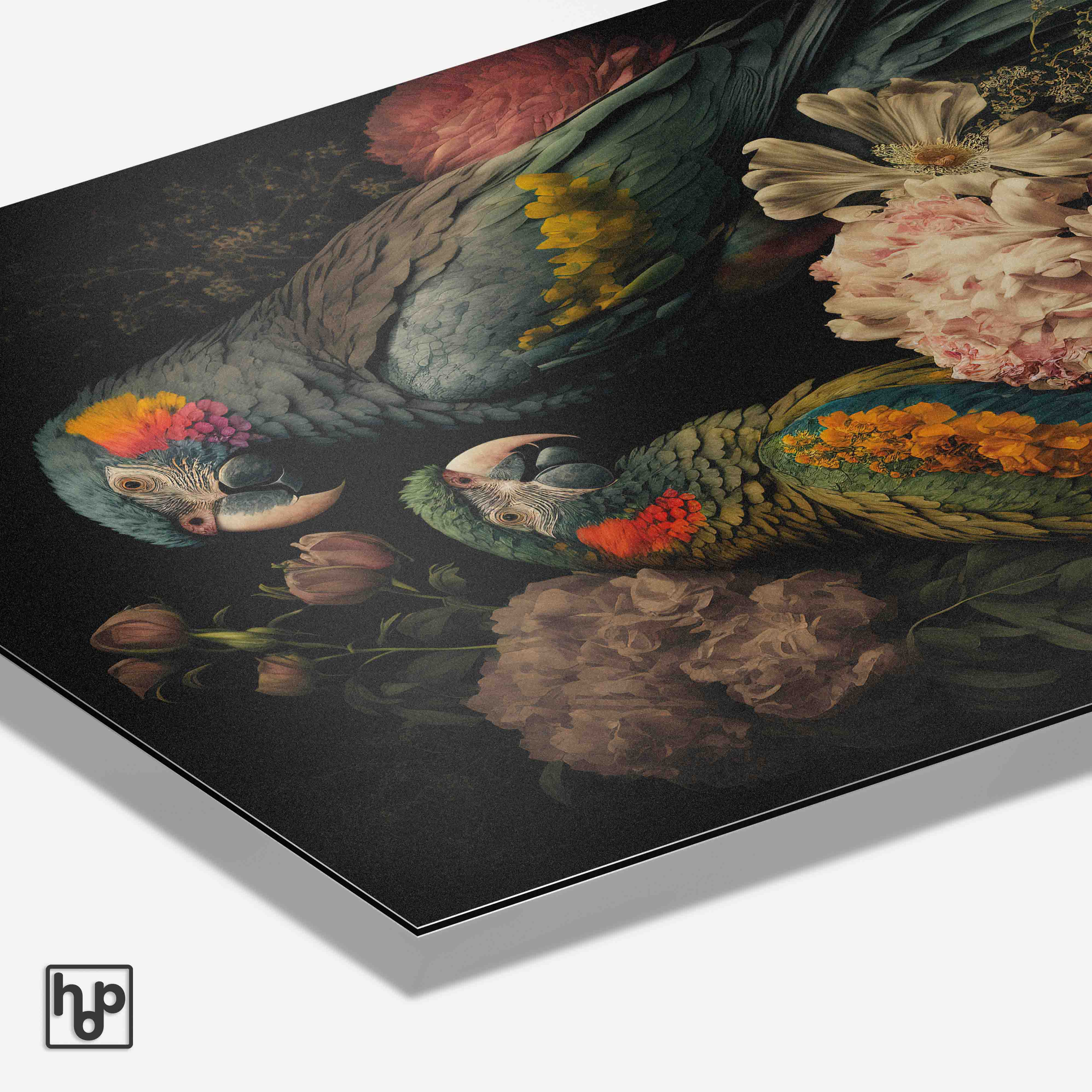 Bloemen Papegaaien 2 poster met twee kleurrijke macaw papegaaien en weelderige bloemen in vintage stijl.