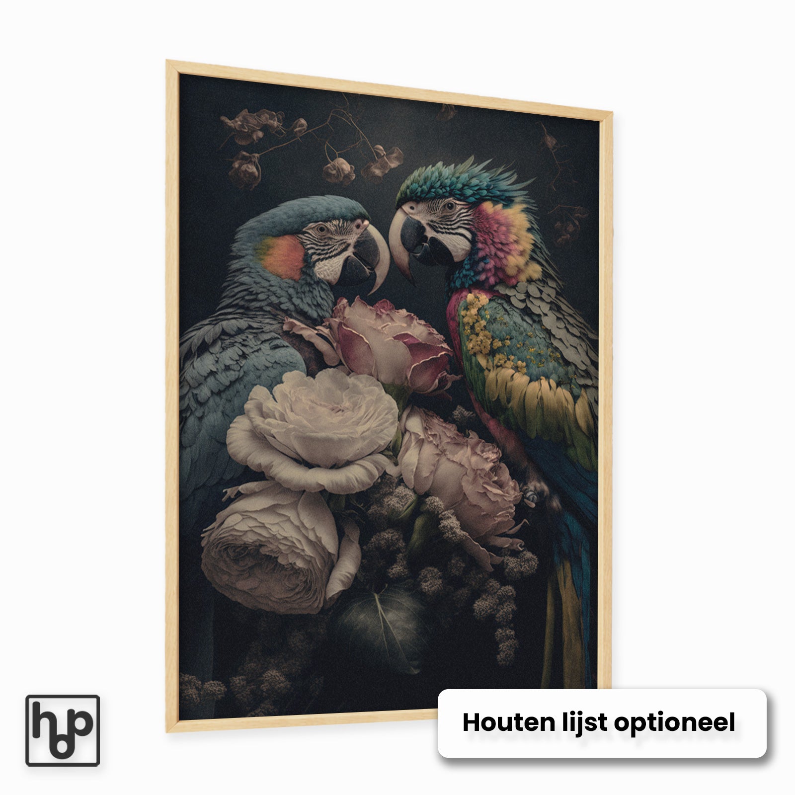 Aluminium Dibond schilderij Bloemen Papegaaien met een optionele naturel houten lijst.