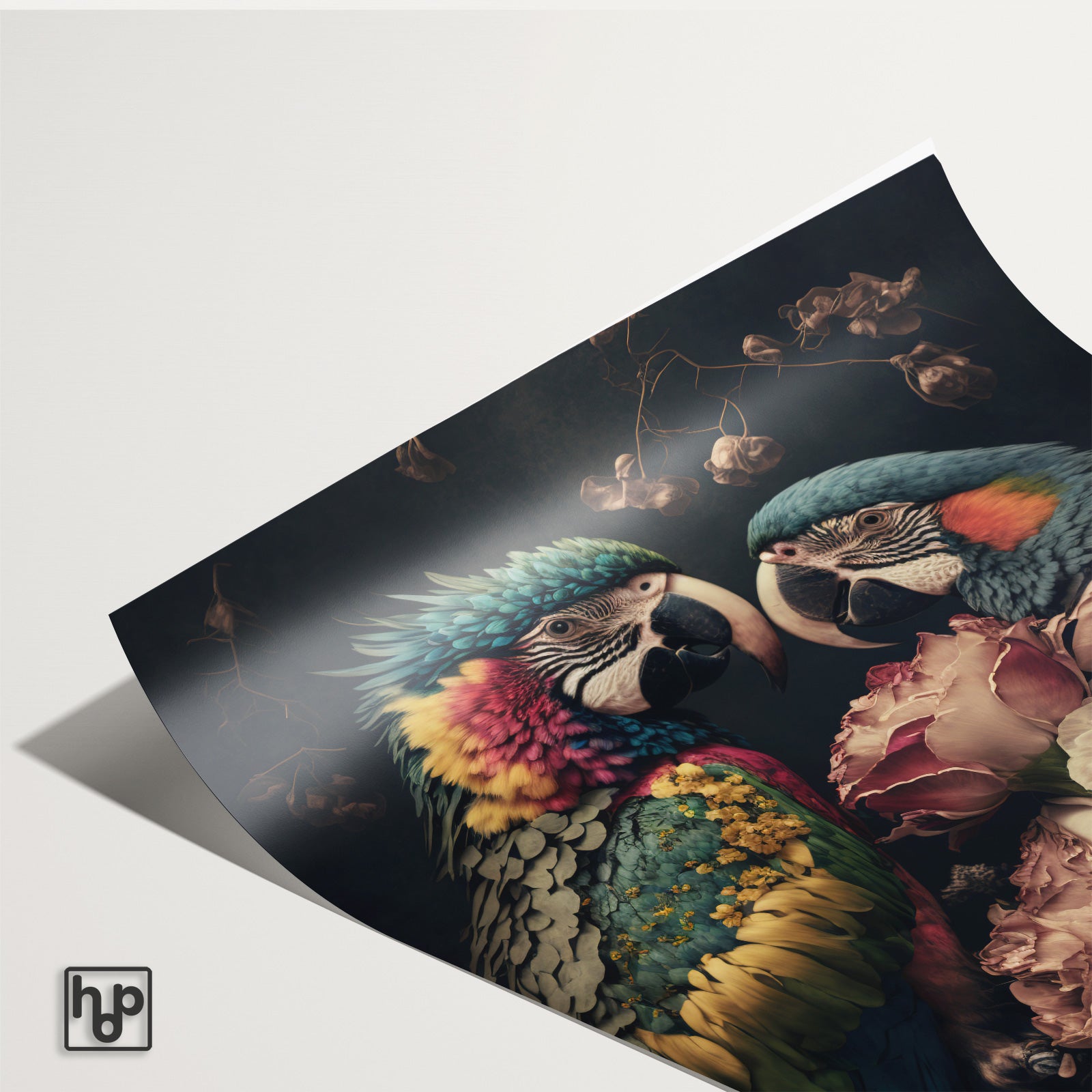 Detail van papieren poster Bloemen Papegaaien met een licht omkrullende hoek.