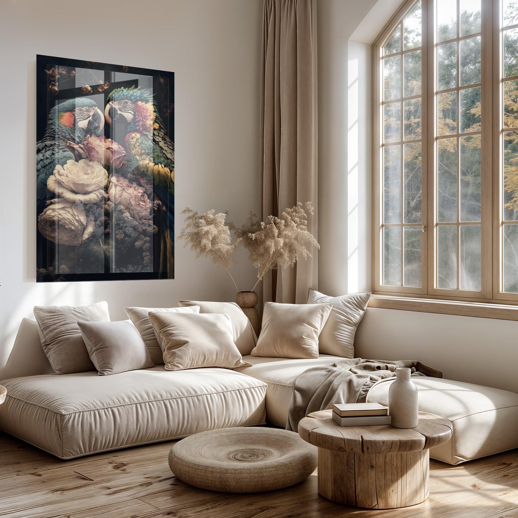 Plexiglas schilderij Bloemen Papegaaien boven een lichte bank in een woonkamer.