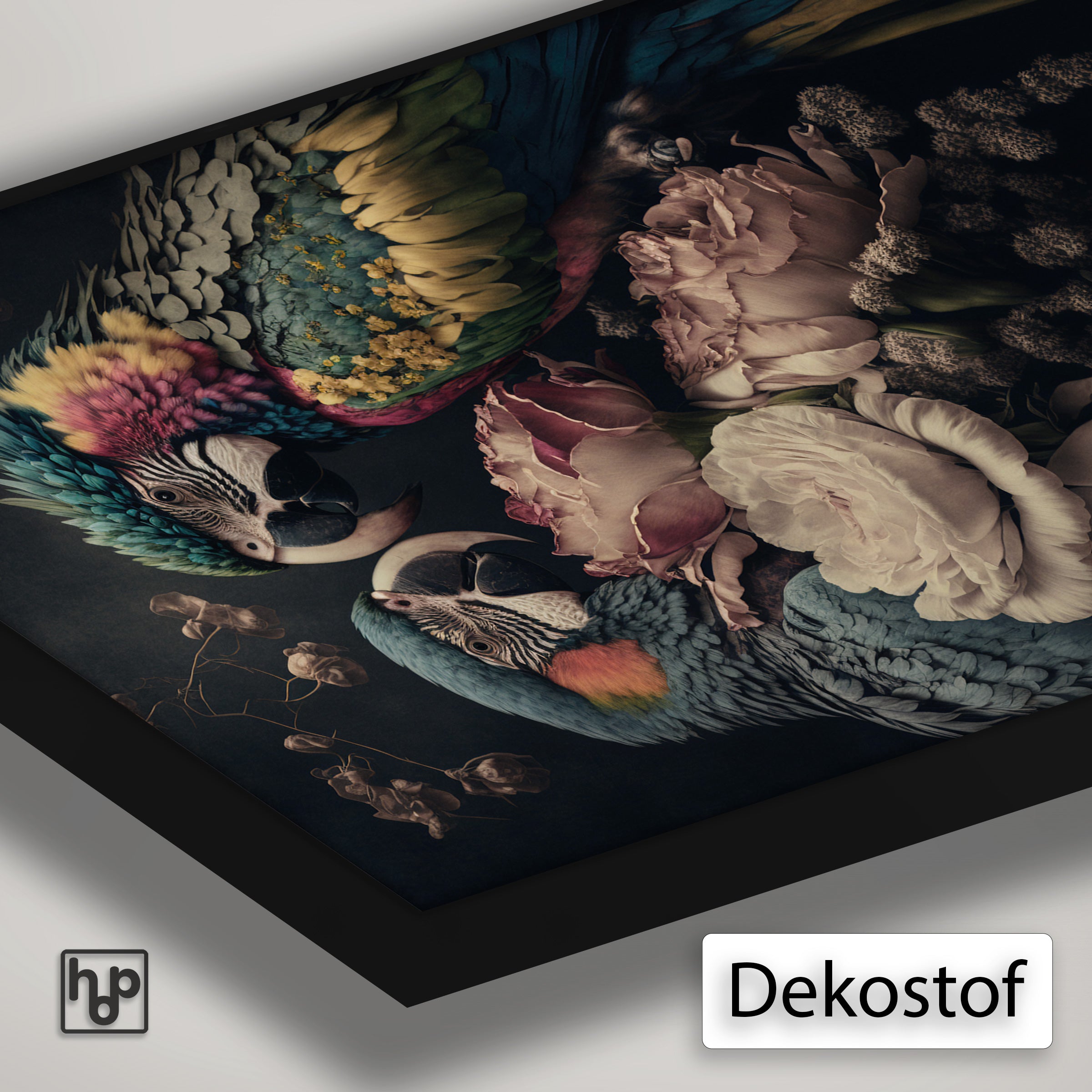 Detail van Artframe Bloemen Papegaaien met dekostof en een zwart aluminium frame.