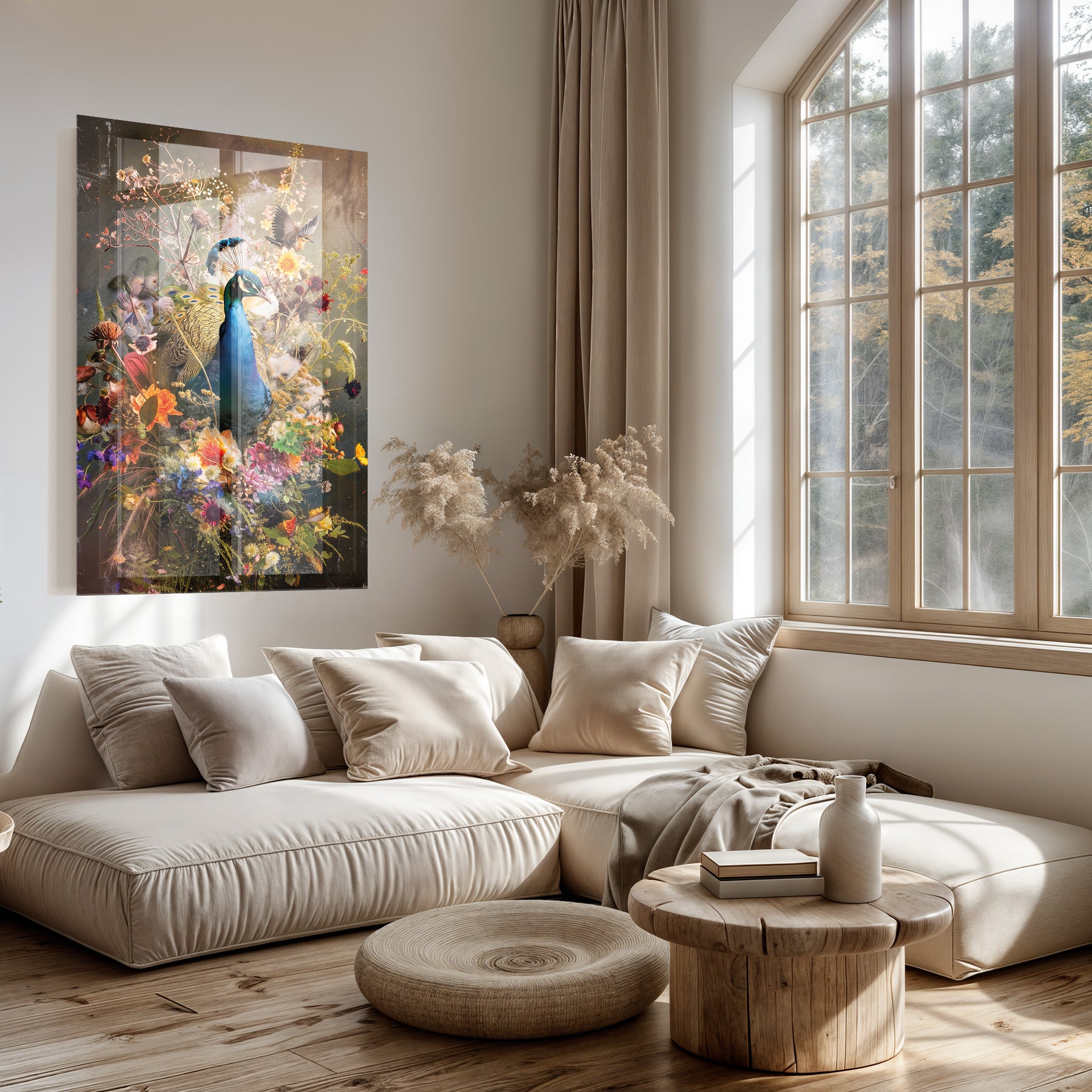 Plexiglas schilderij Bloemen Pauw boven een lichte bank in een woonkamer.
