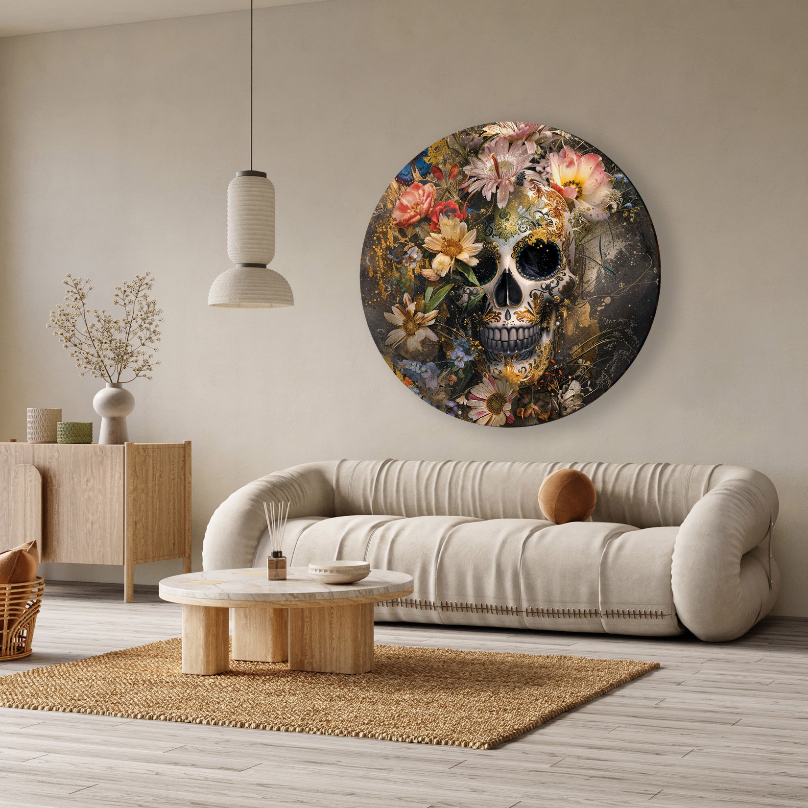 Aluminium muurcirkel Bloemen schedel boven een beige bank in een lichte woonkamer.