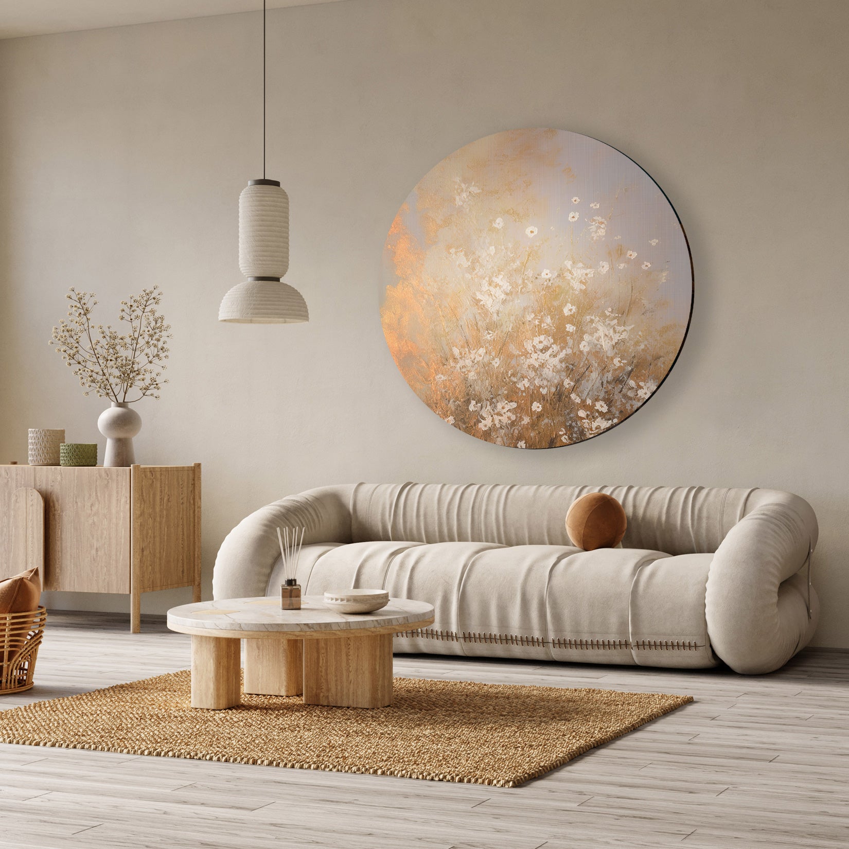 Ronde aluminium dibond muurcirkel met subtiel bloemmotief in zachte, aardse tinten boven een beige bank.
