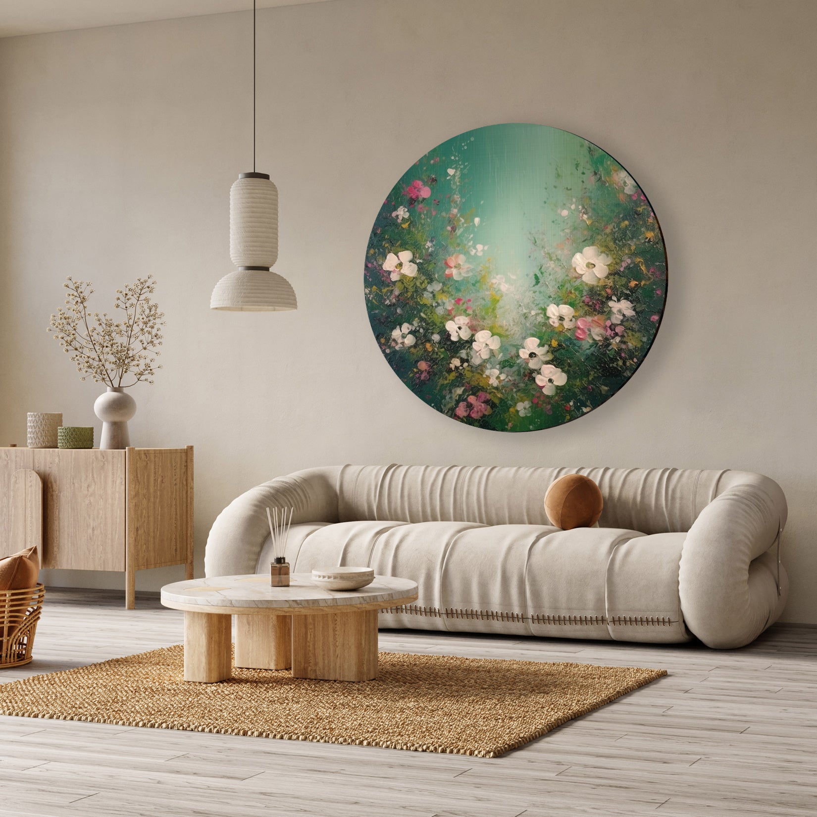 Ronde aluminium dibond muurcirkel met witte, roze en groene bloemenspetters boven een beige bank.