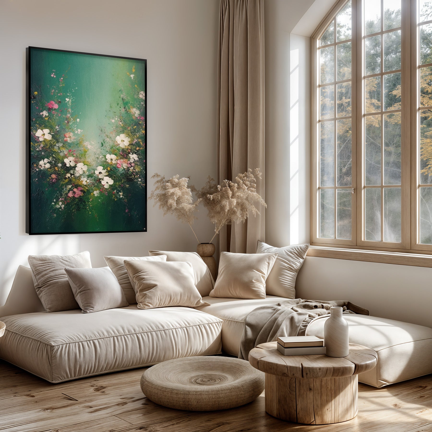 Artframe Bloemen spetters 3 boven een lichte bank in een woonkamer.