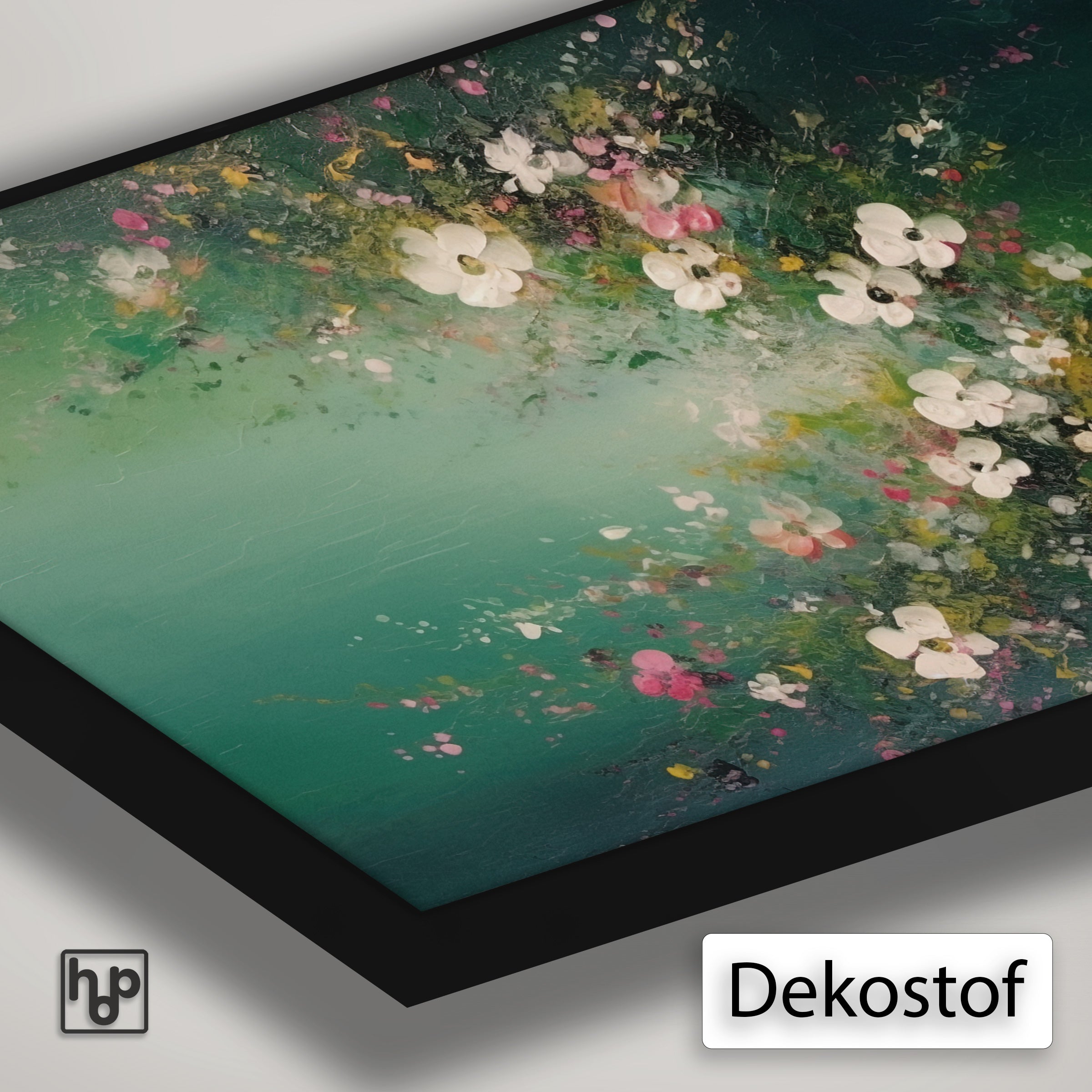 Detail van Artframe Bloemen spetters 3 met dekostof en een zwart aluminium frame.