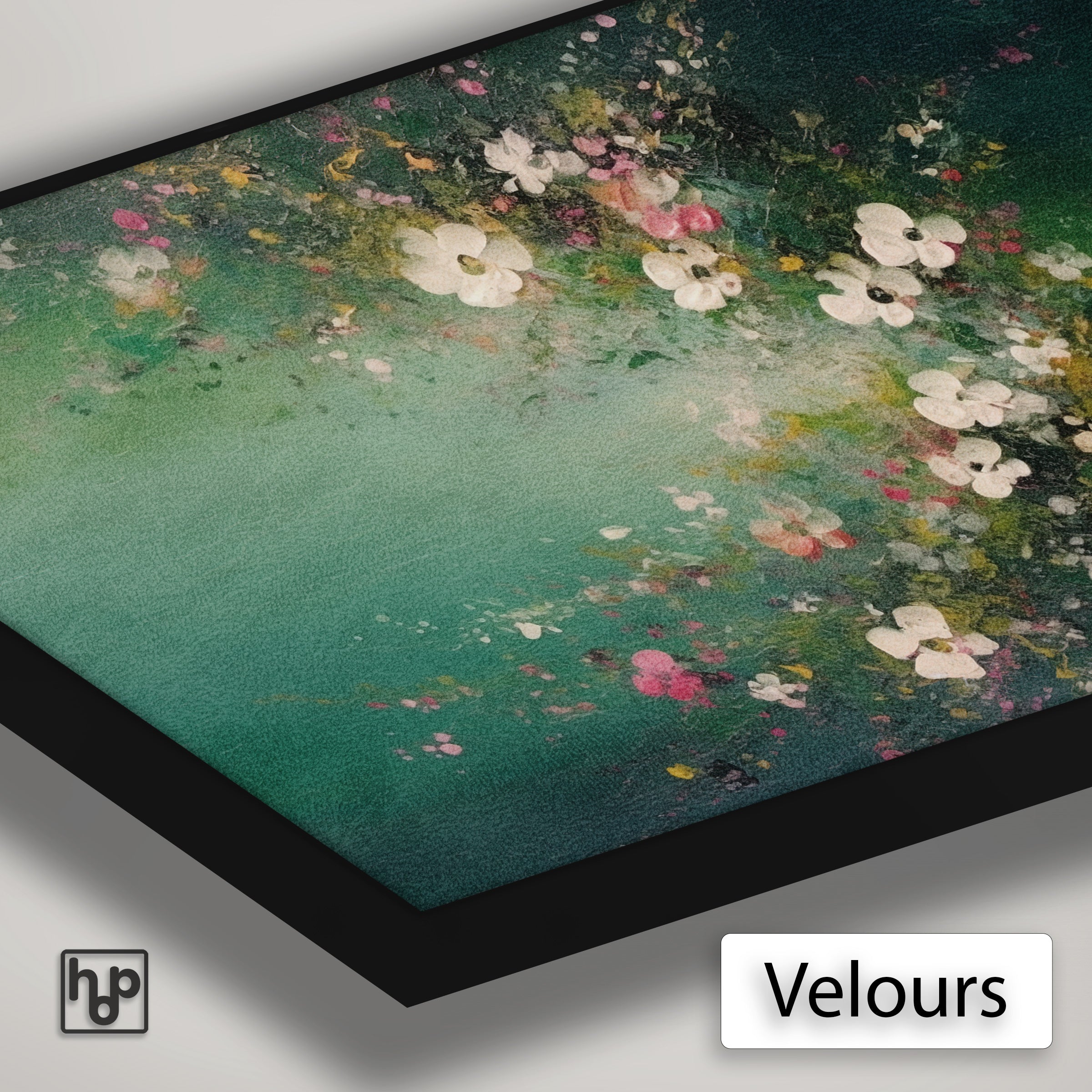 Detail van Artframe Bloemen spetters 3 met velours doek en een zwart aluminium frame.