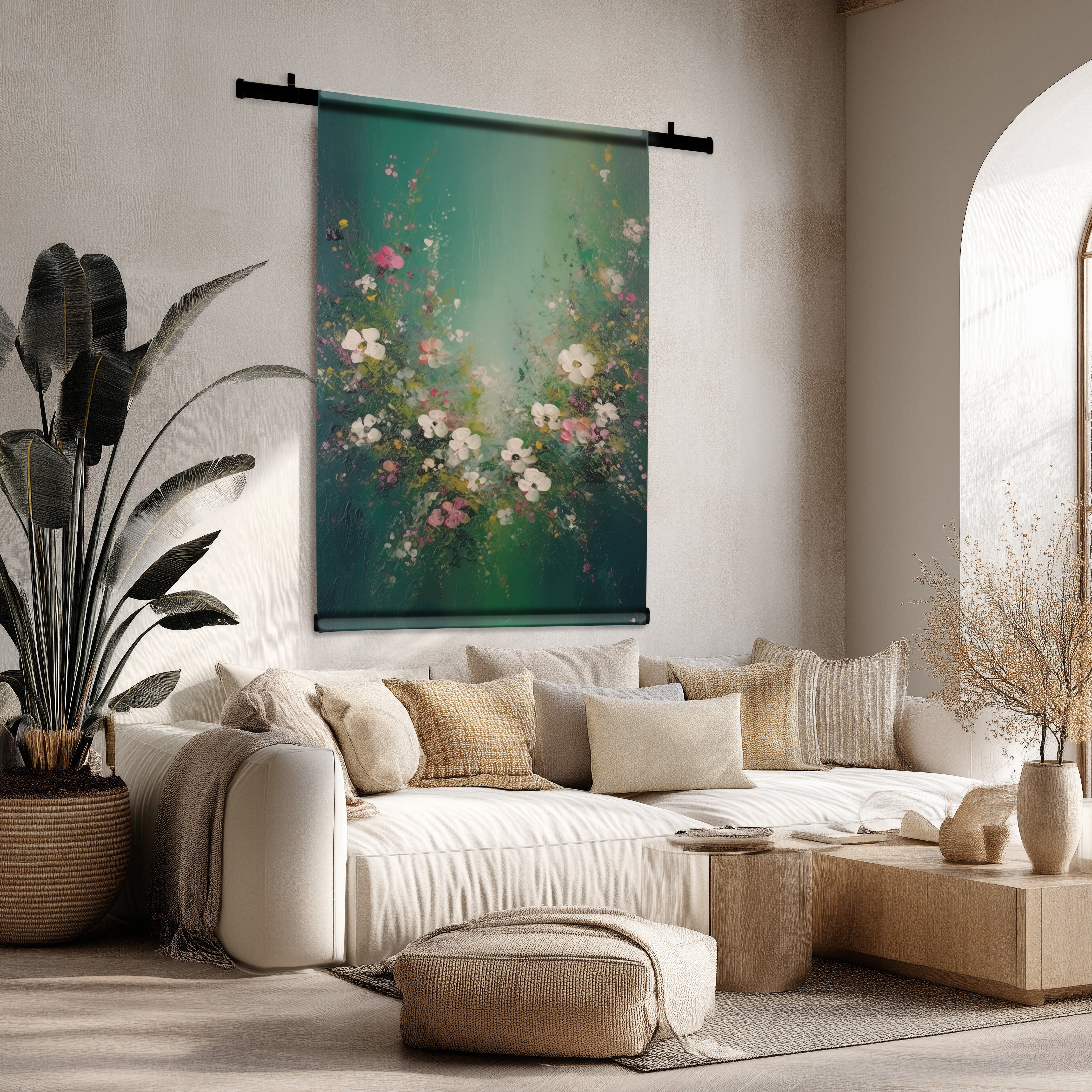 Groen wandkleed met levendig bloemenpatroon boven een beige bank in een lichte woonkamer.