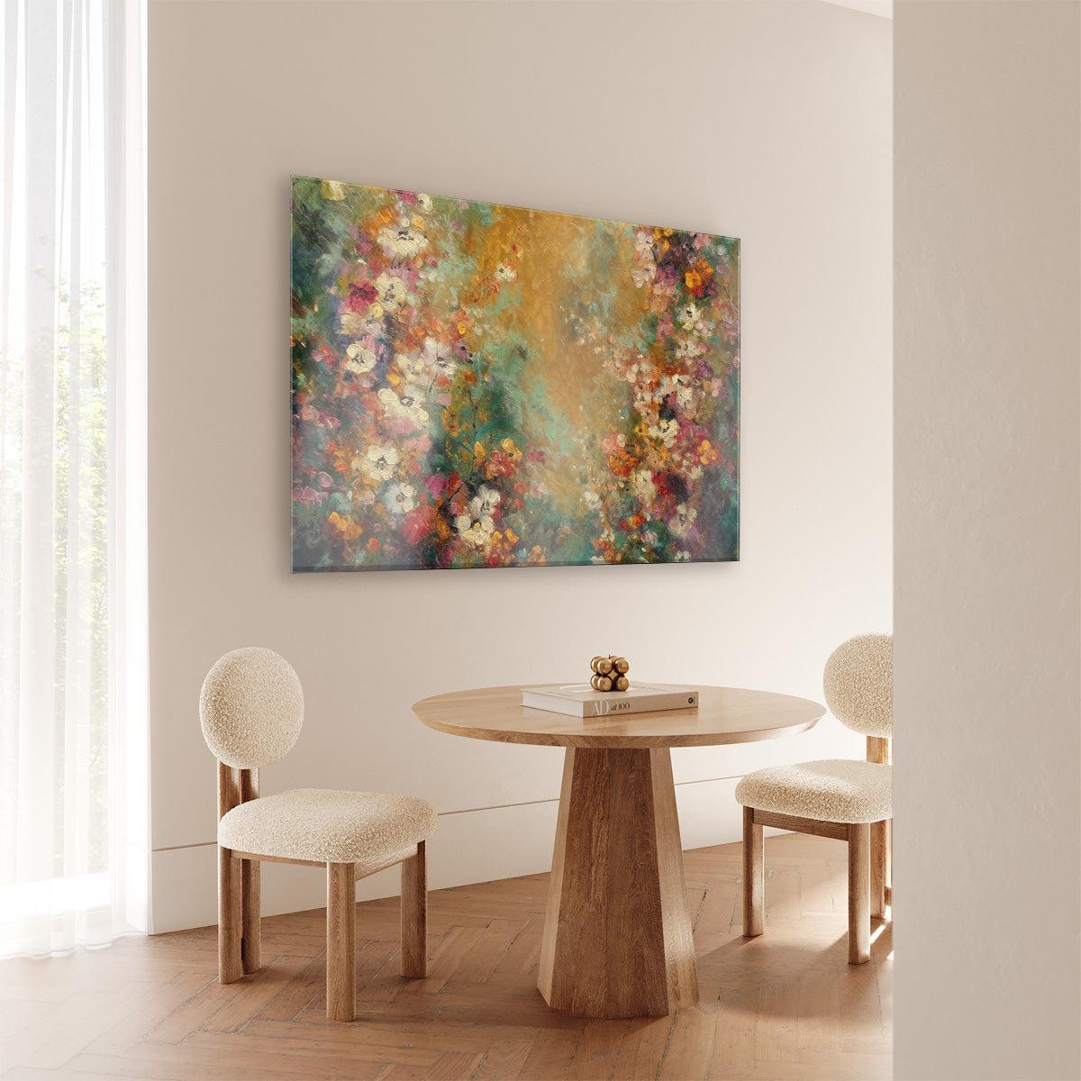 Plexiglas schilderij Bloemen spetters 5 aan de muur bij een ronde houten eettafel.