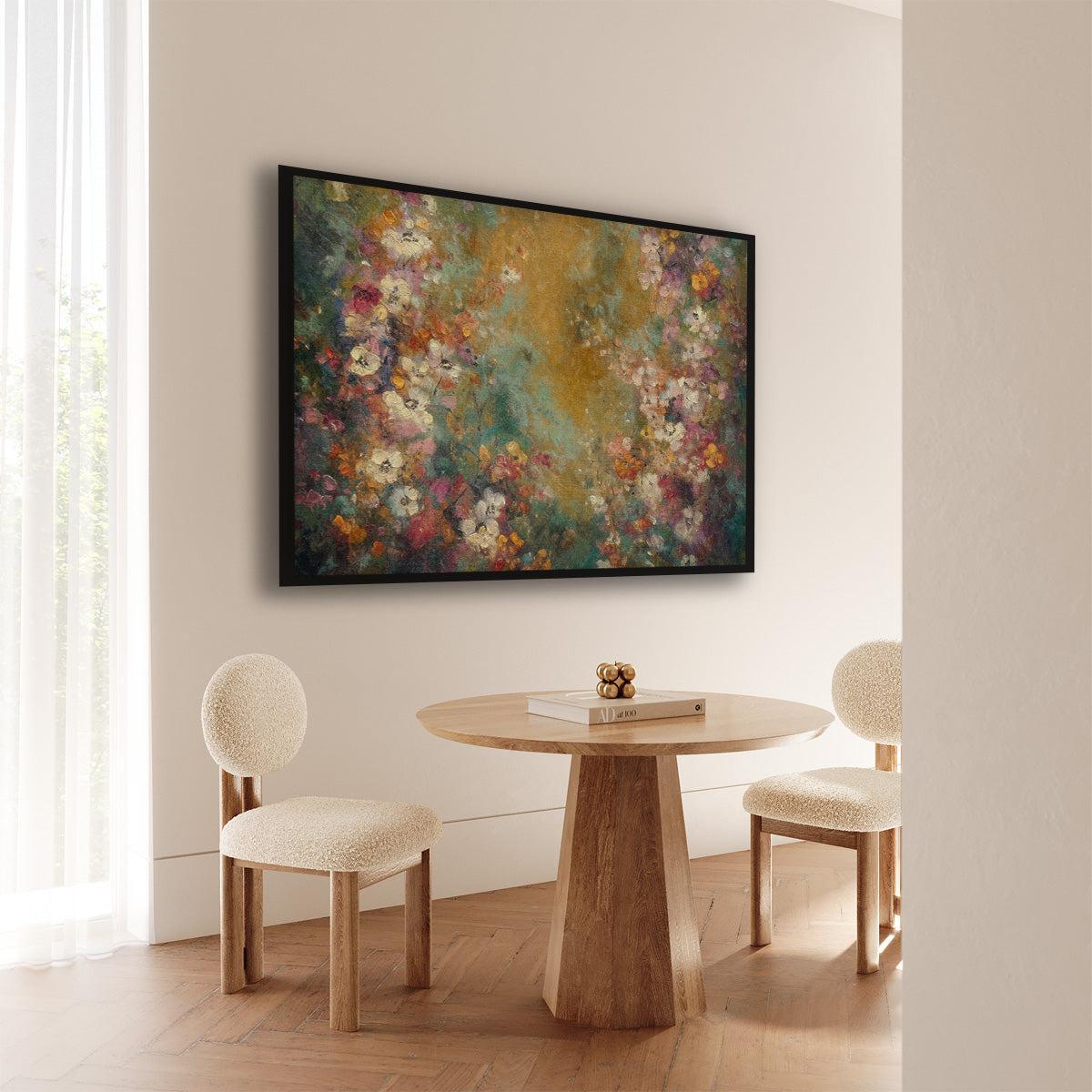 Artframe Bloemen spetters 5 aan de muur bij een ronde houten eettafel.