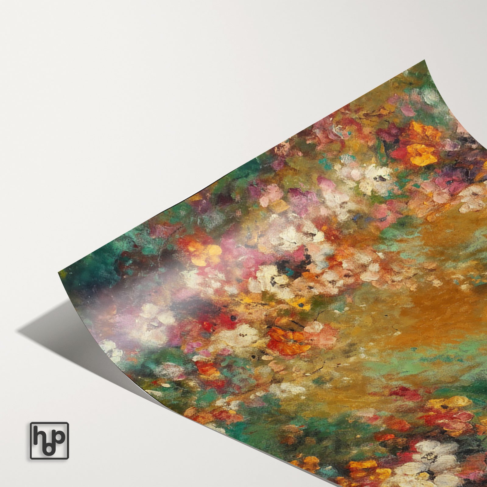 Detail van papieren poster Bloemen spetters 5 met een licht omkrullende hoek.