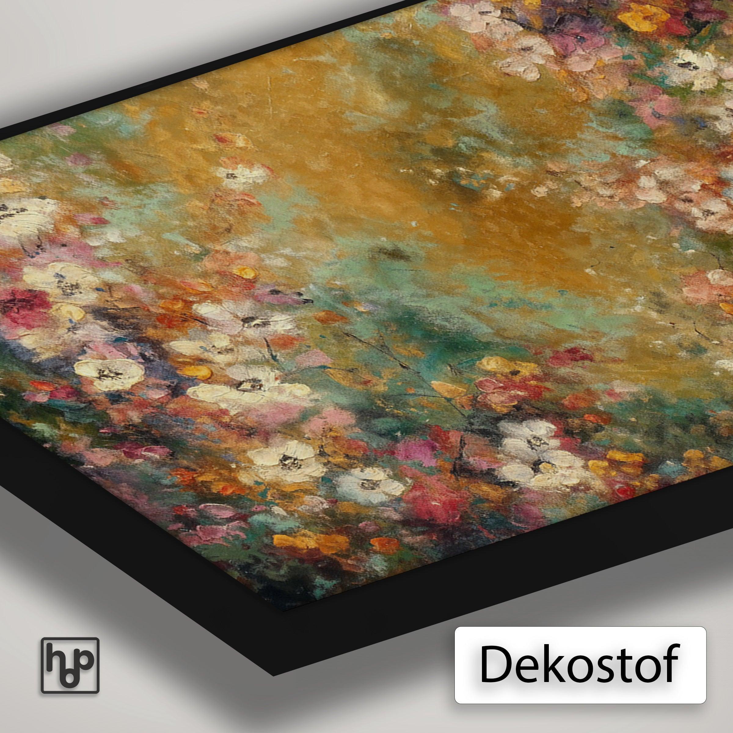 Detail van Artframe Bloemen spetters 5 met dekostof en een zwart aluminium frame.