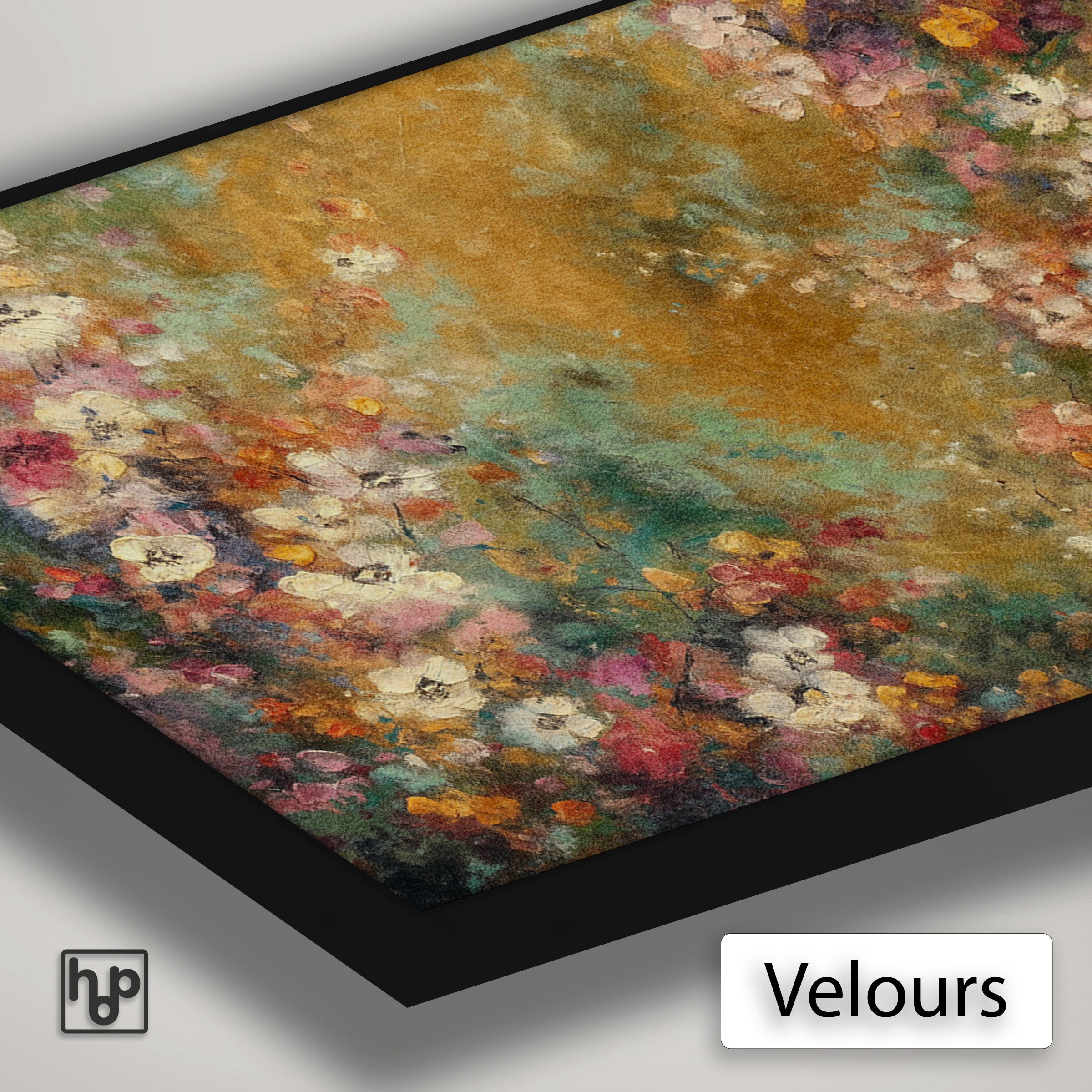 Detail van Artframe Bloemen spetters 5 met velours doek en een zwart aluminium frame.