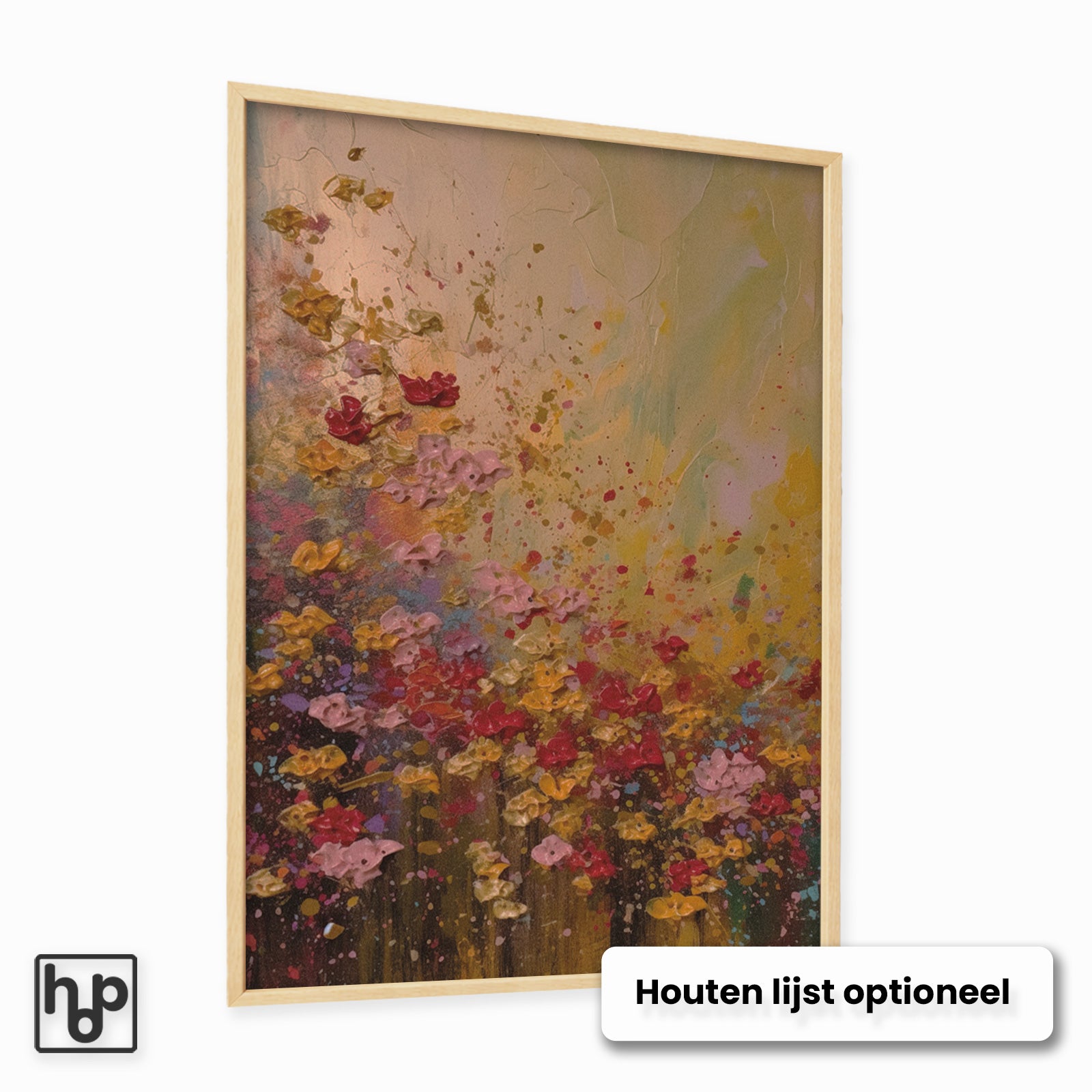 Aluminium Dibond schilderij Bloemen spetters met een optionele naturel houten lijst.