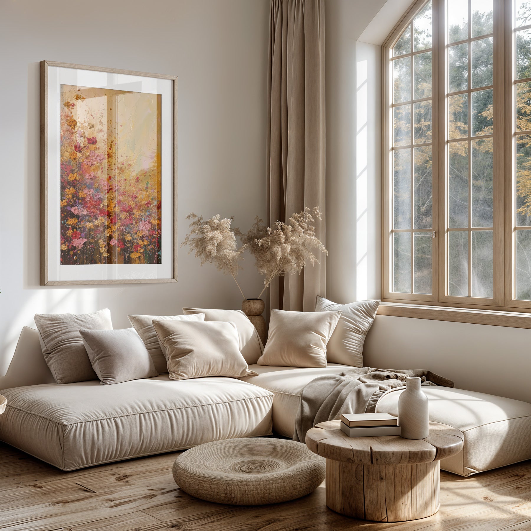 Papieren poster Bloemen spetters boven een lichte bank in een woonkamer.