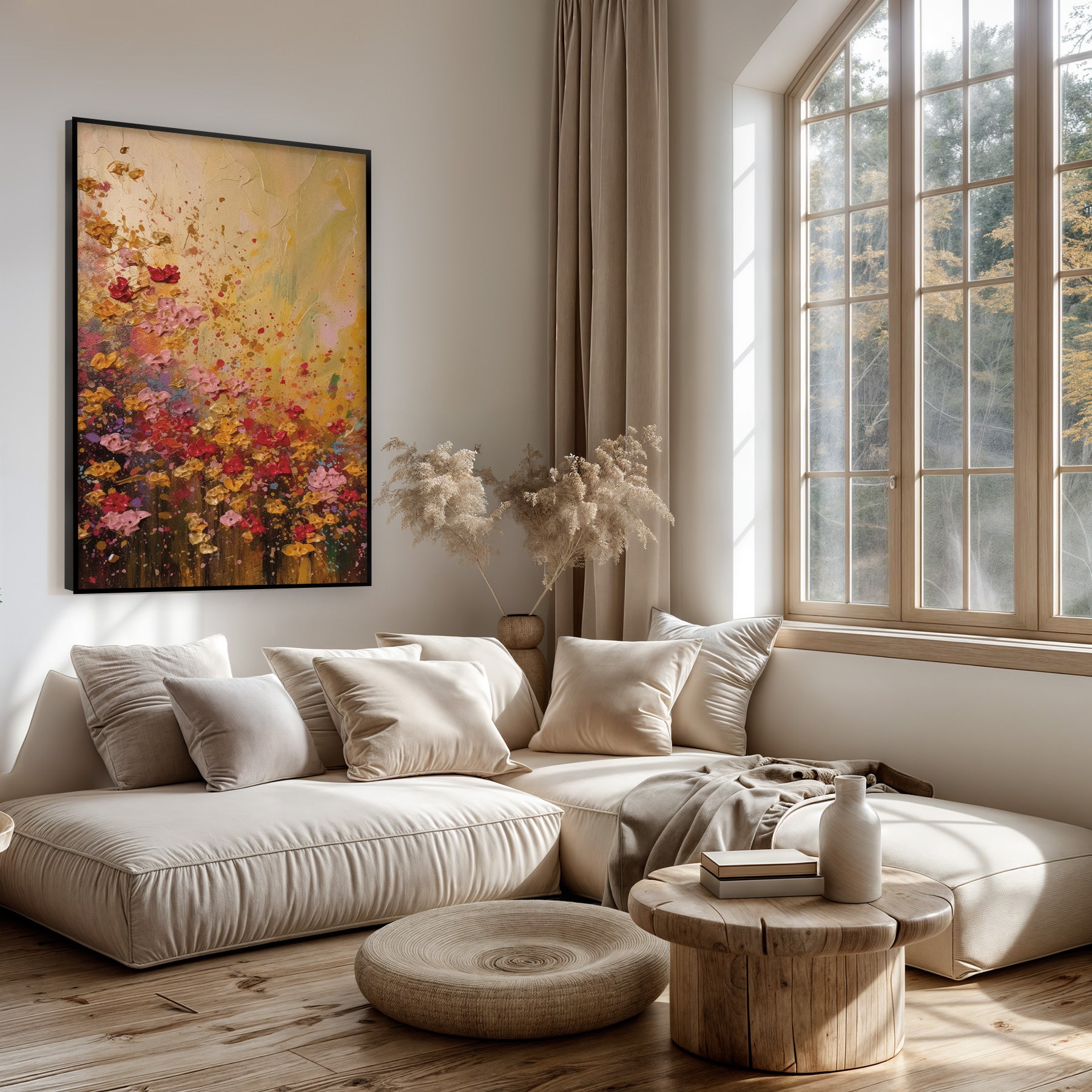 Artframe Bloemen spetters boven een lichte bank in een woonkamer.