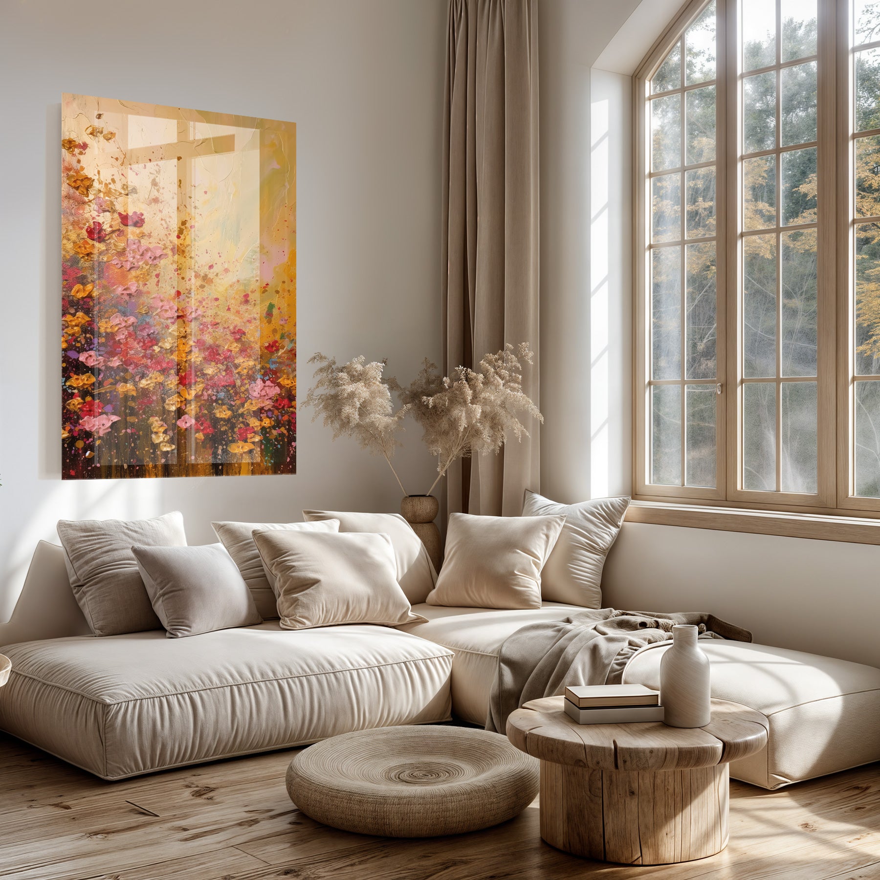 Plexiglas schilderij Bloemen spetters boven een lichte bank in een woonkamer.