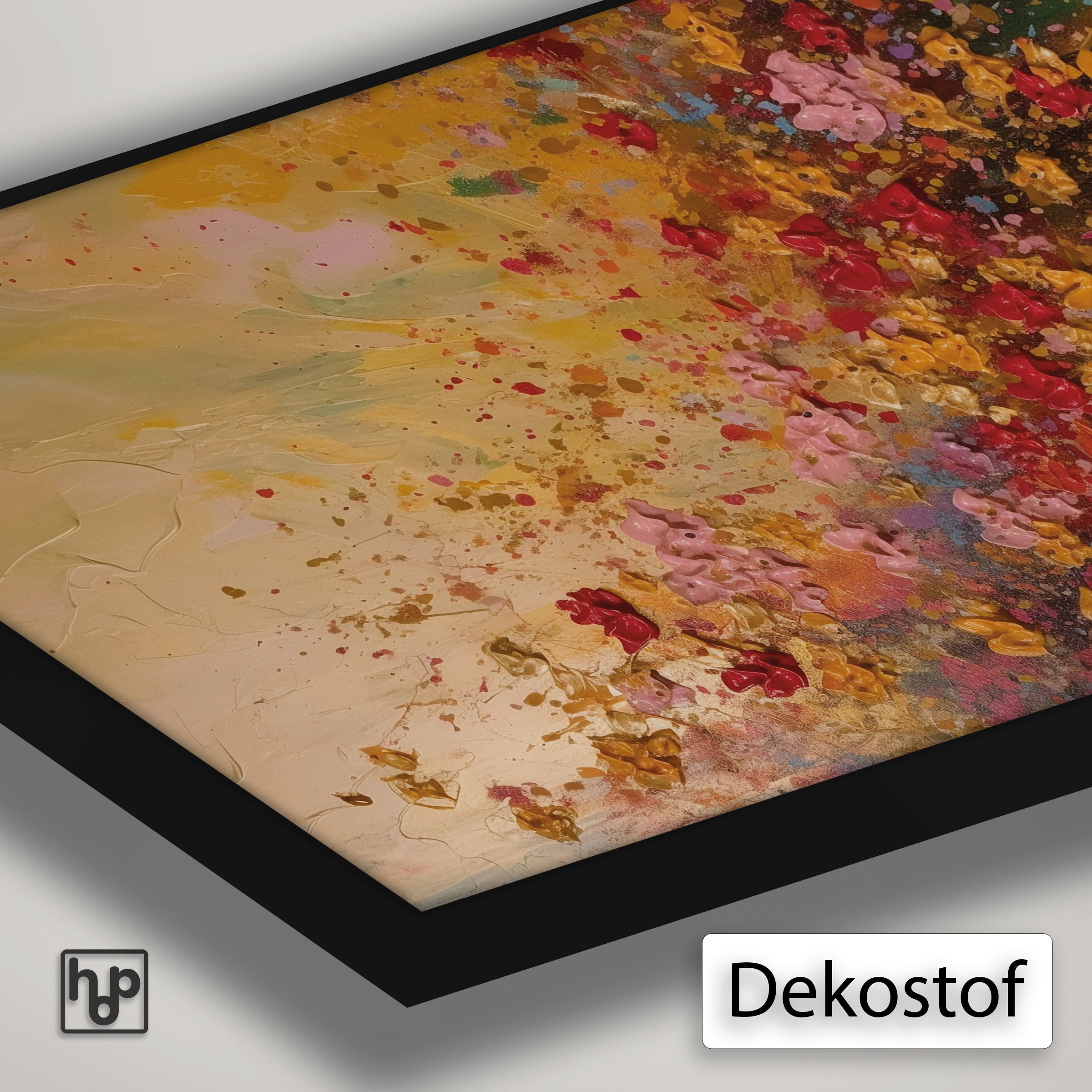 Detail van Artframe Bloemen spetters met dekostof en een zwart aluminium frame.