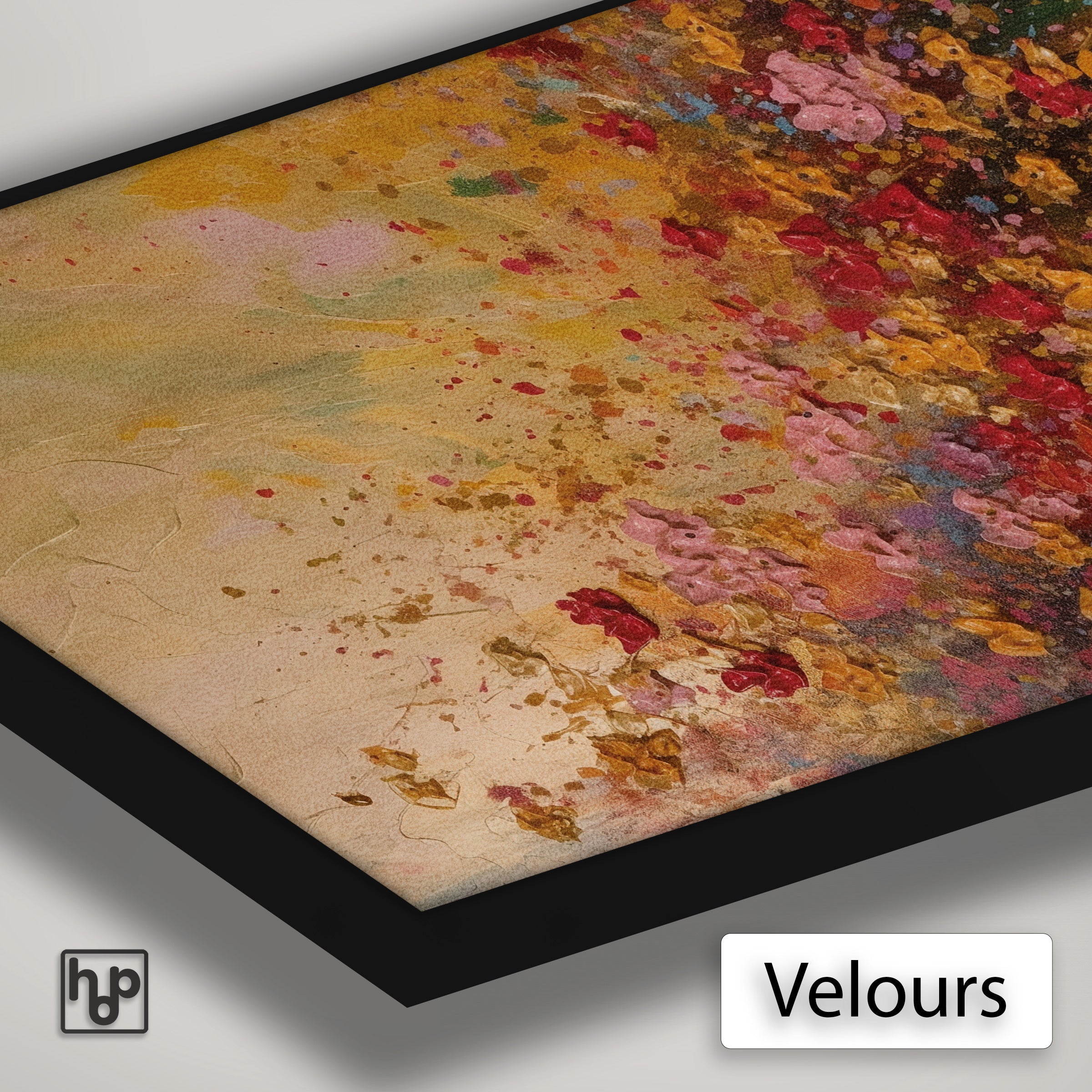 Detail van Artframe Bloemen spetters met velours doek en een zwart aluminium frame.